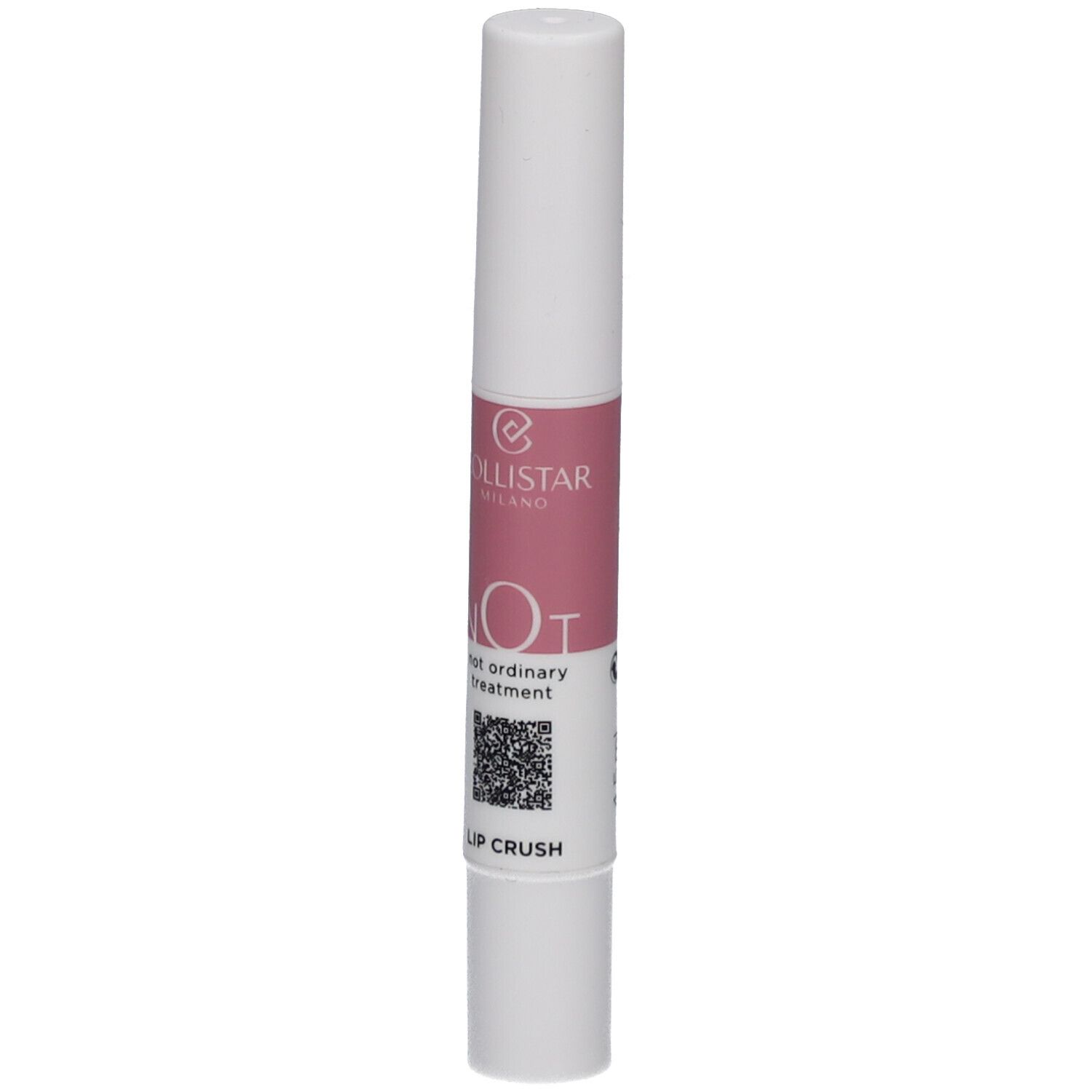 Weißer Lippenbalsam-Stift mit rosa Mittelteil. Aufschrift: NOT, not ordinary treatment, LIP CRUSH. Marke: Collistar.