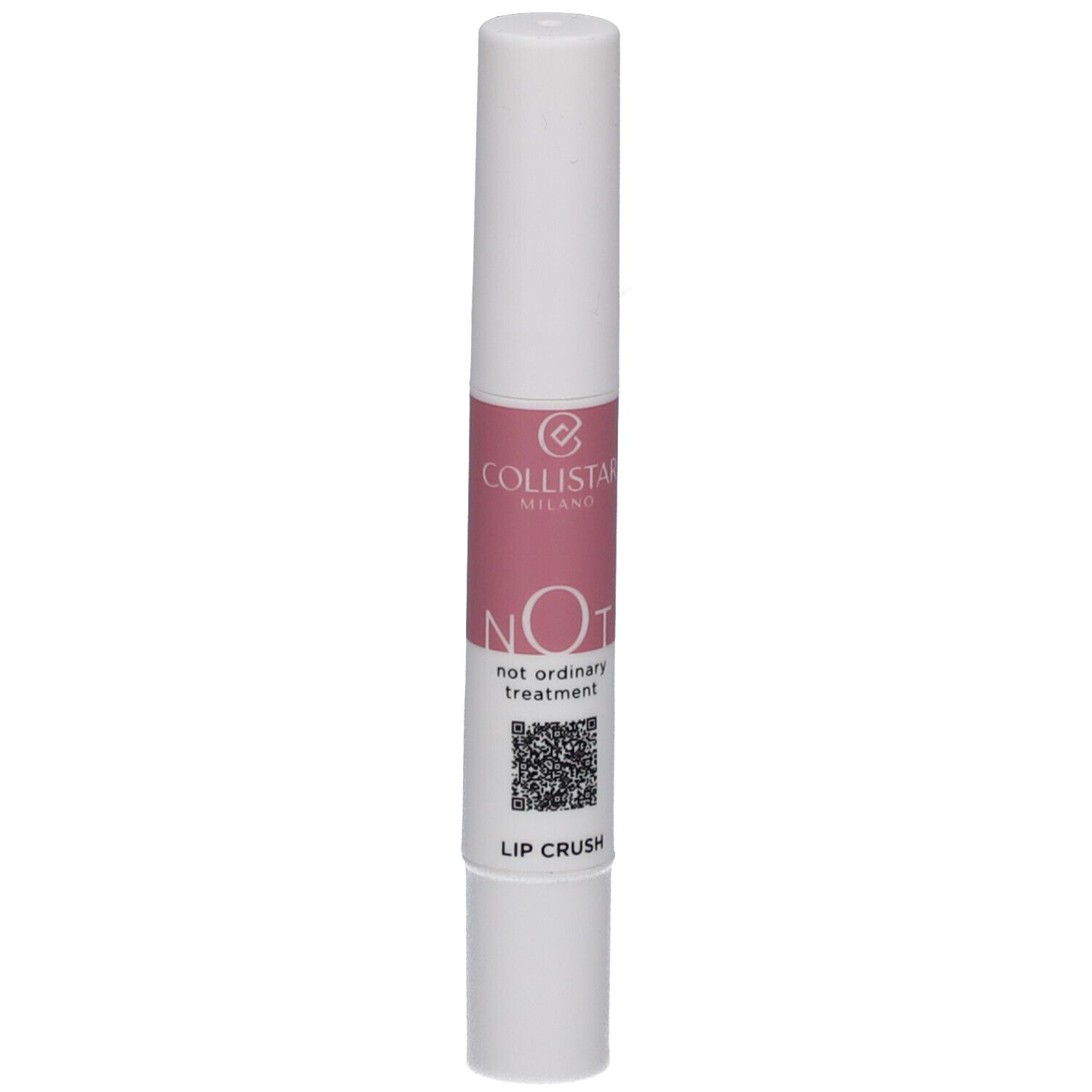 Weißer Lippenbalsam-Stift mit rosa Mittelteil. Aufschrift: NOT, not ordinary treatment, LIP CRUSH. Marke: Collistar.