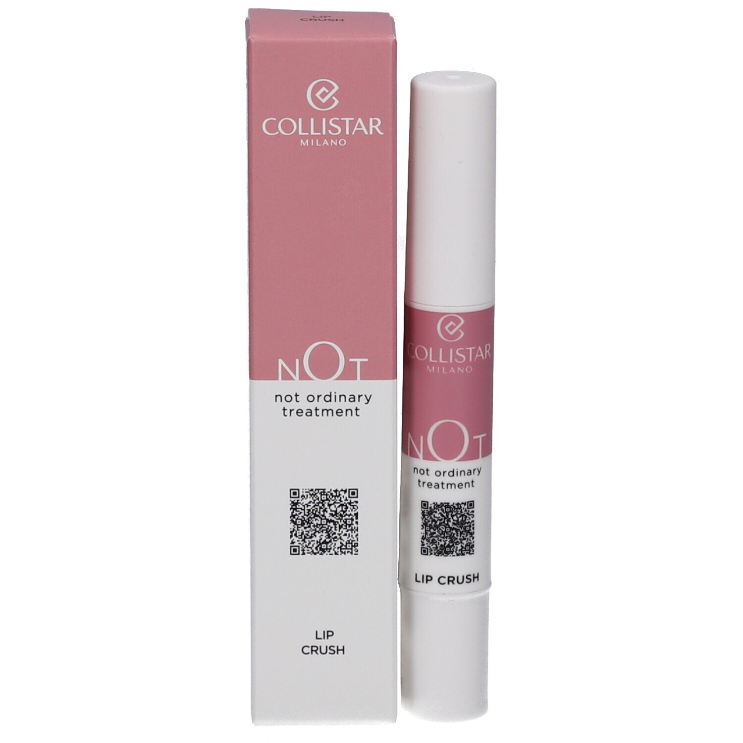 Weißer Lippenbalsam-Stift mit rosa Mittelteil. Aufschrift: NOT, not ordinary treatment, LIP CRUSH. Marke: Collistar. Mit Verpackung.