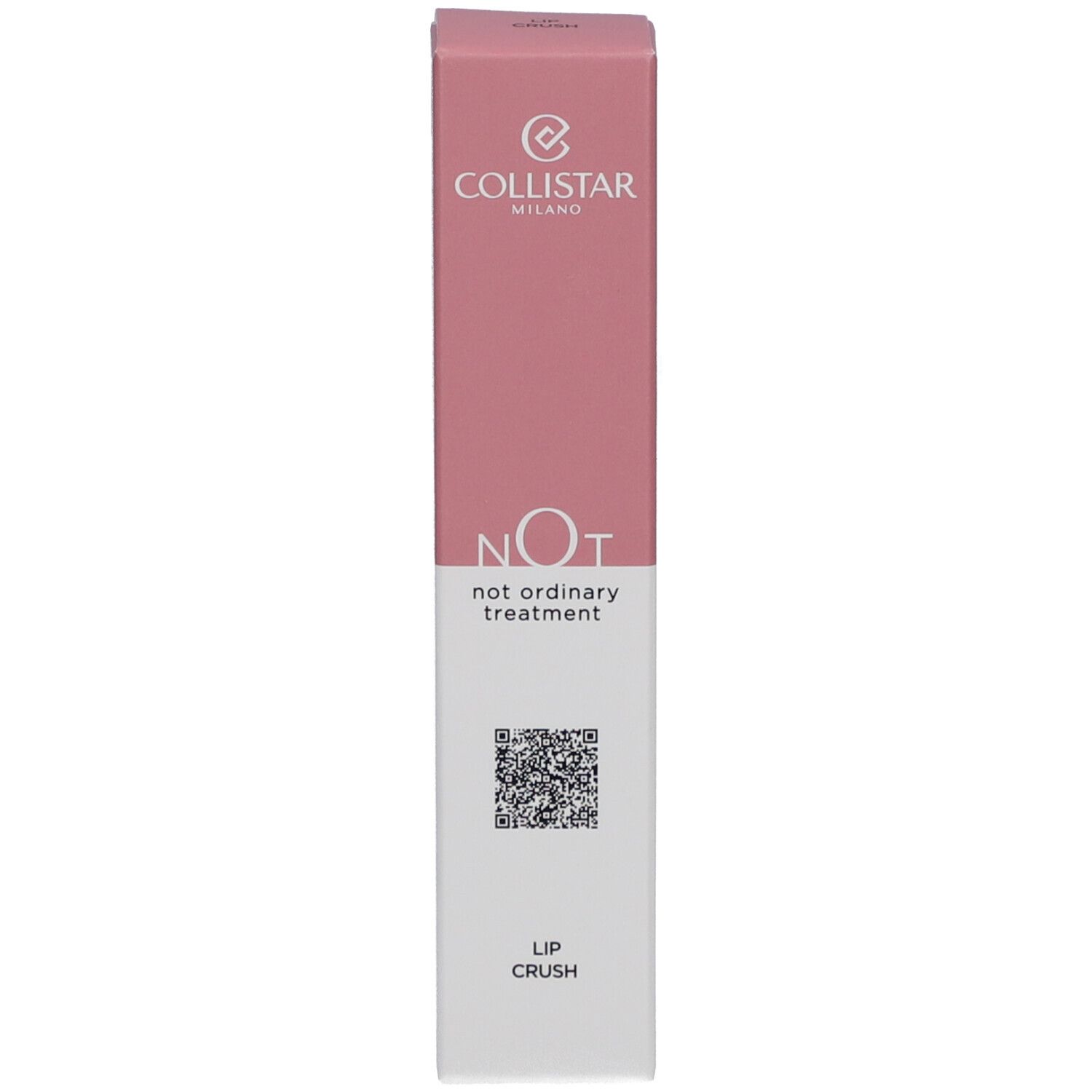 Rosa Verpackung mit weißer Schrift. Aufschrift: NOT, not ordinary treatment, LIP CRUSH. Marke: Collistar.