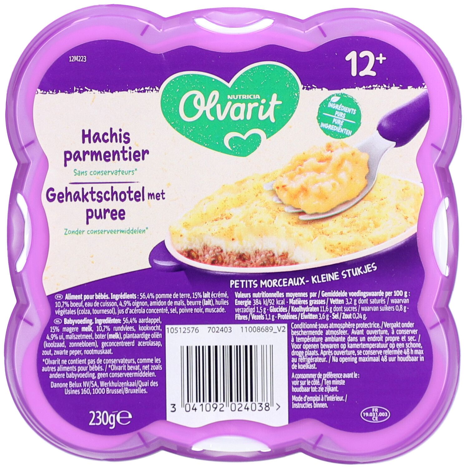 Fertiggericht für Babys. Olvarit Teller 12m+ Hachis parmentier. Verpackung mit Produktabbildung und Löffel.