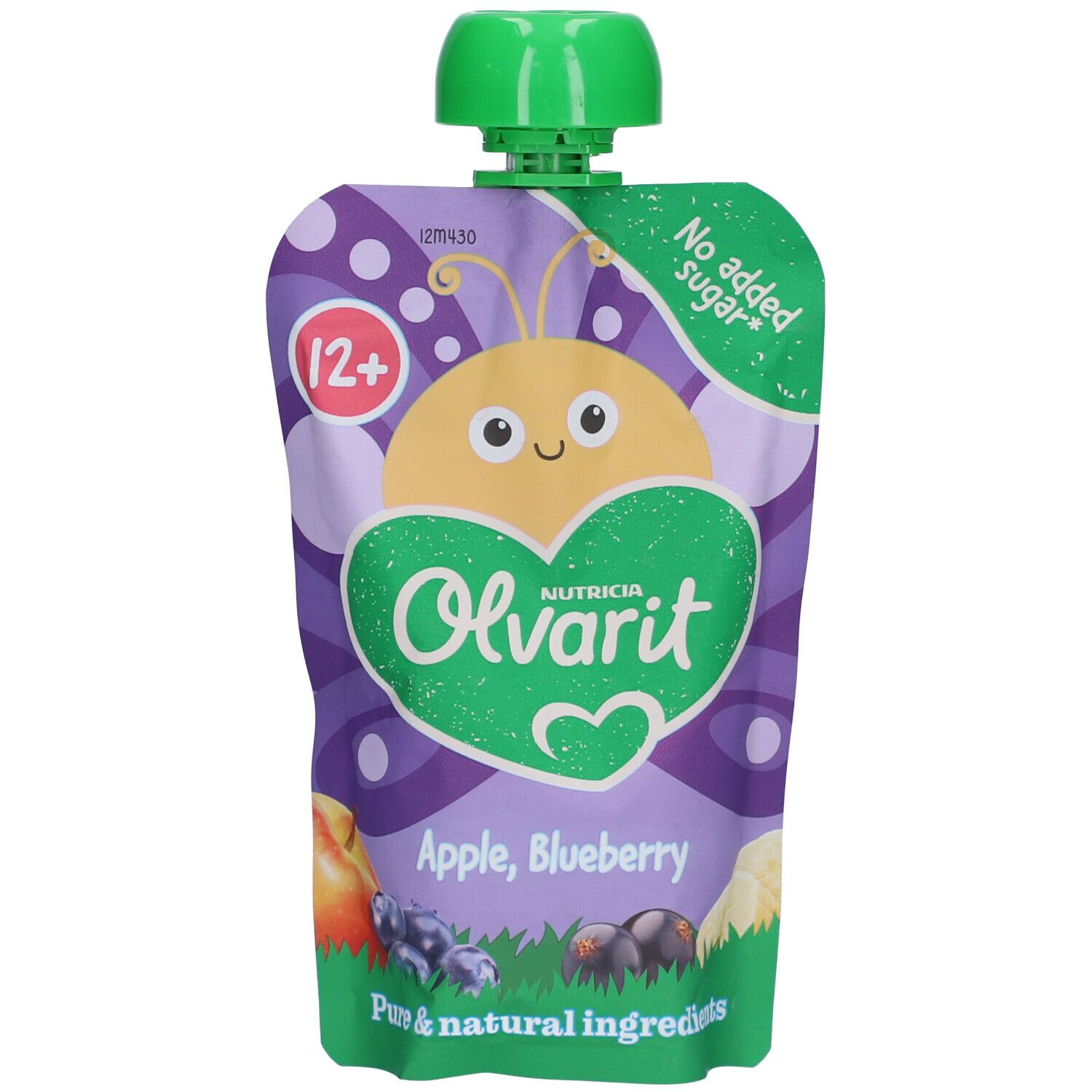 Quetschbeutel mit Apfel-Blaubeere-Püree. Altersempfehlung 12+. Grün-weißer Deckel. Marke Olvarit.