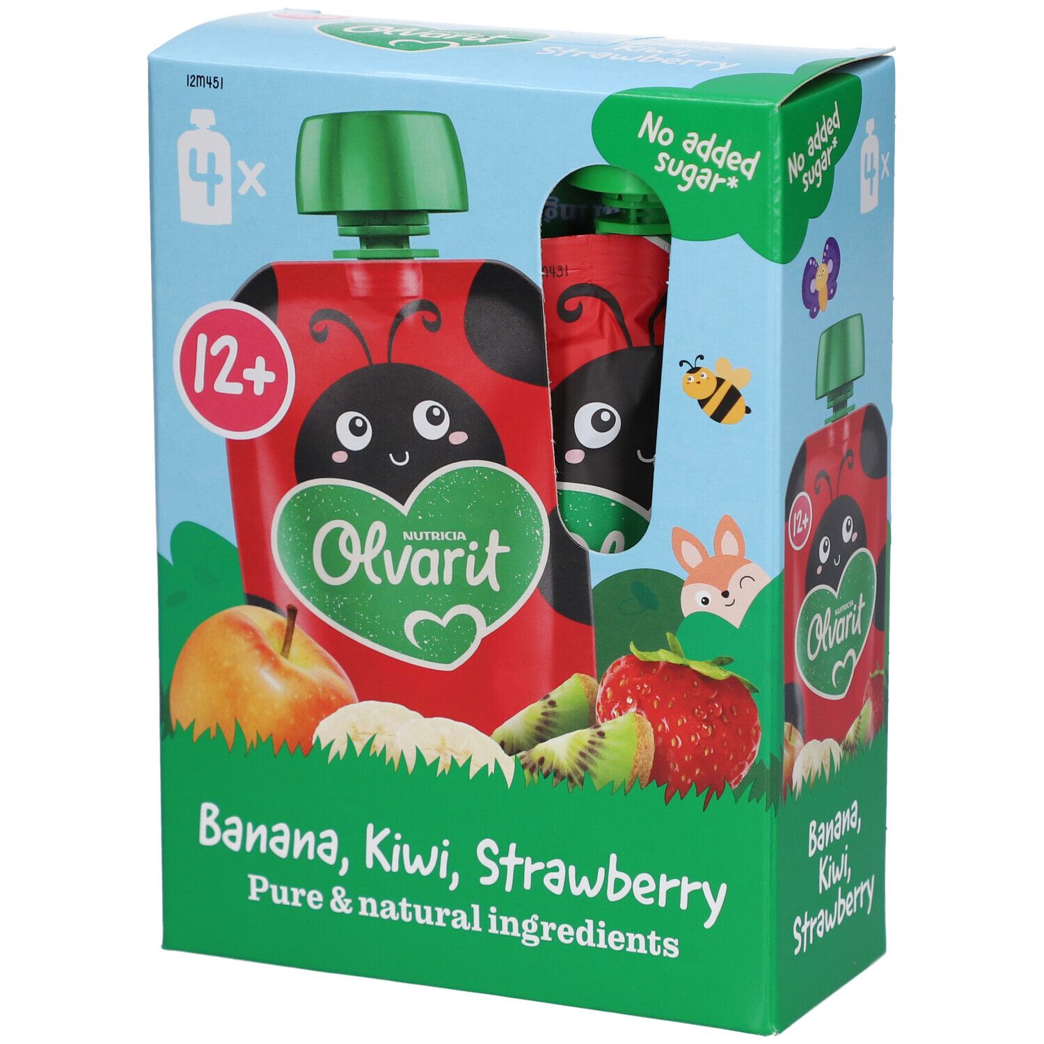 Packung mit 4 Quetschbeuteln. Aufdruck: Banane, Kiwi, Erdbeere. Mit grünem Deckel. Altersempfehlung: 12+.