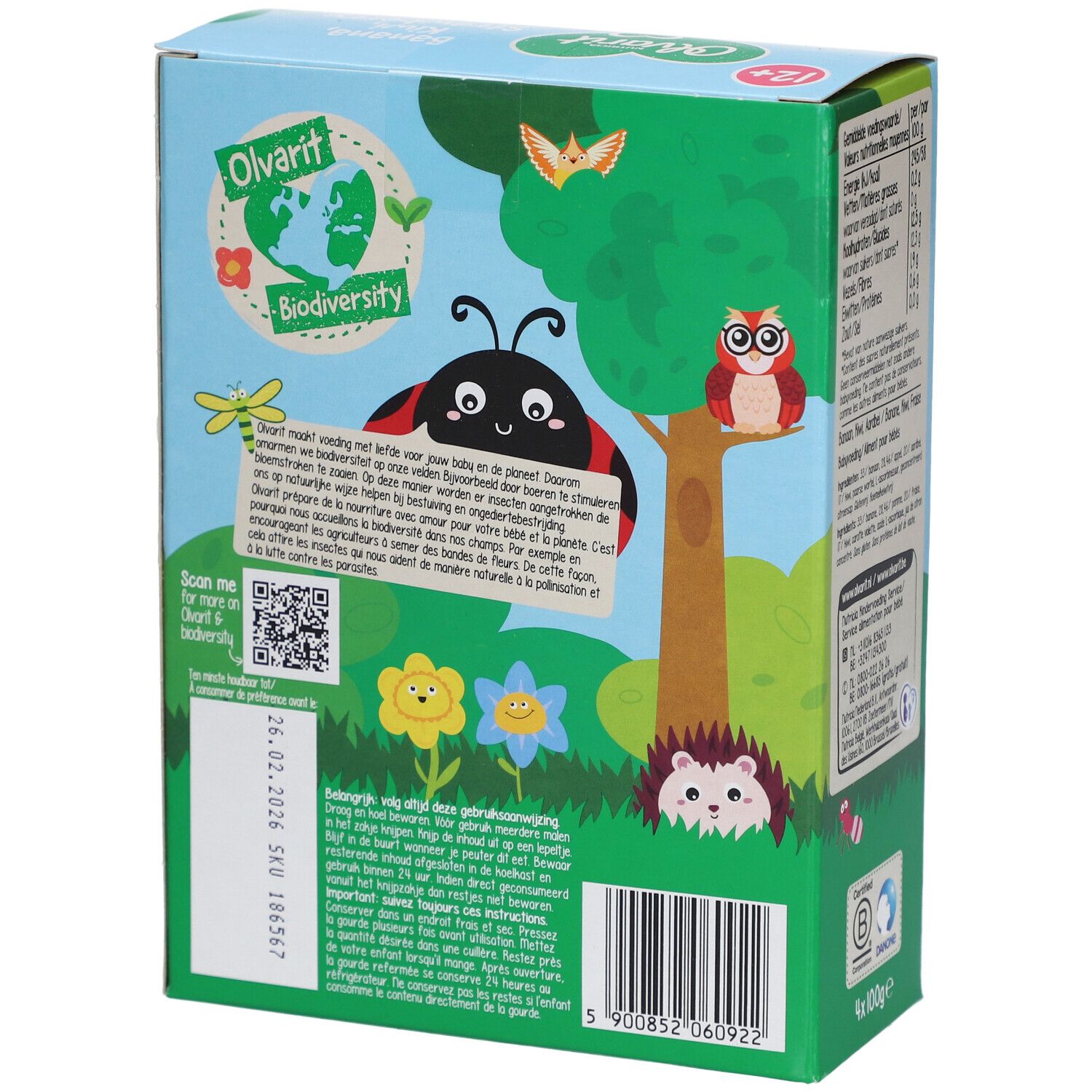 Rückseite der Verpackung mit Text und Illustrationen. Aufdruck: Olvarit. Mit Illustrationen von Tieren und Pflanzen.