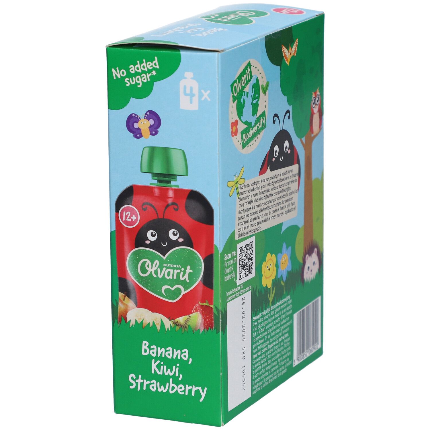 Verpackung mit Quetschbeutel. Aufdruck: Banane, Kiwi, Erdbeere. Mit grünem Deckel. Altersempfehlung: 12+.