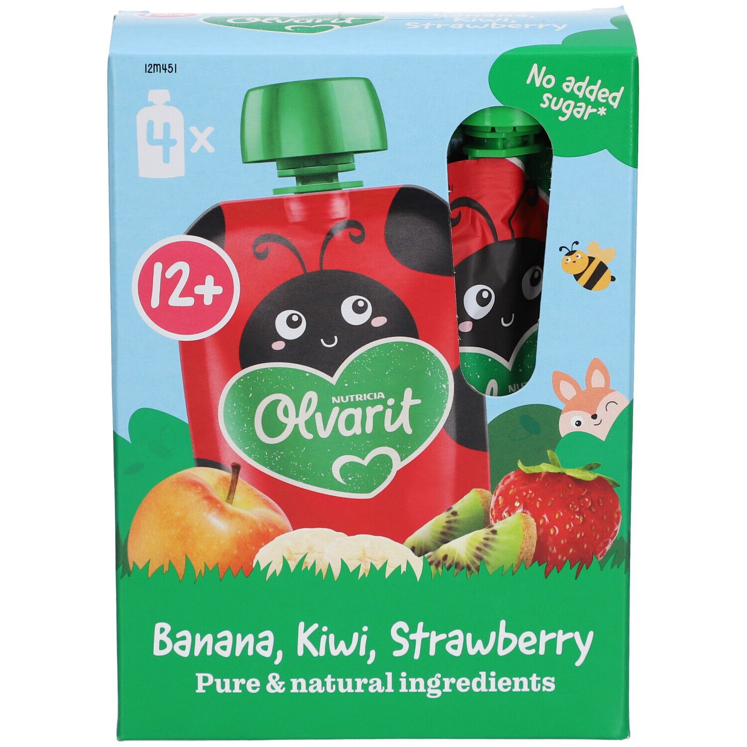 Packung mit 4 Quetschbeuteln. Aufdruck: Banane, Kiwi, Erdbeere. Mit grünem Deckel. Altersempfehlung: 12+.