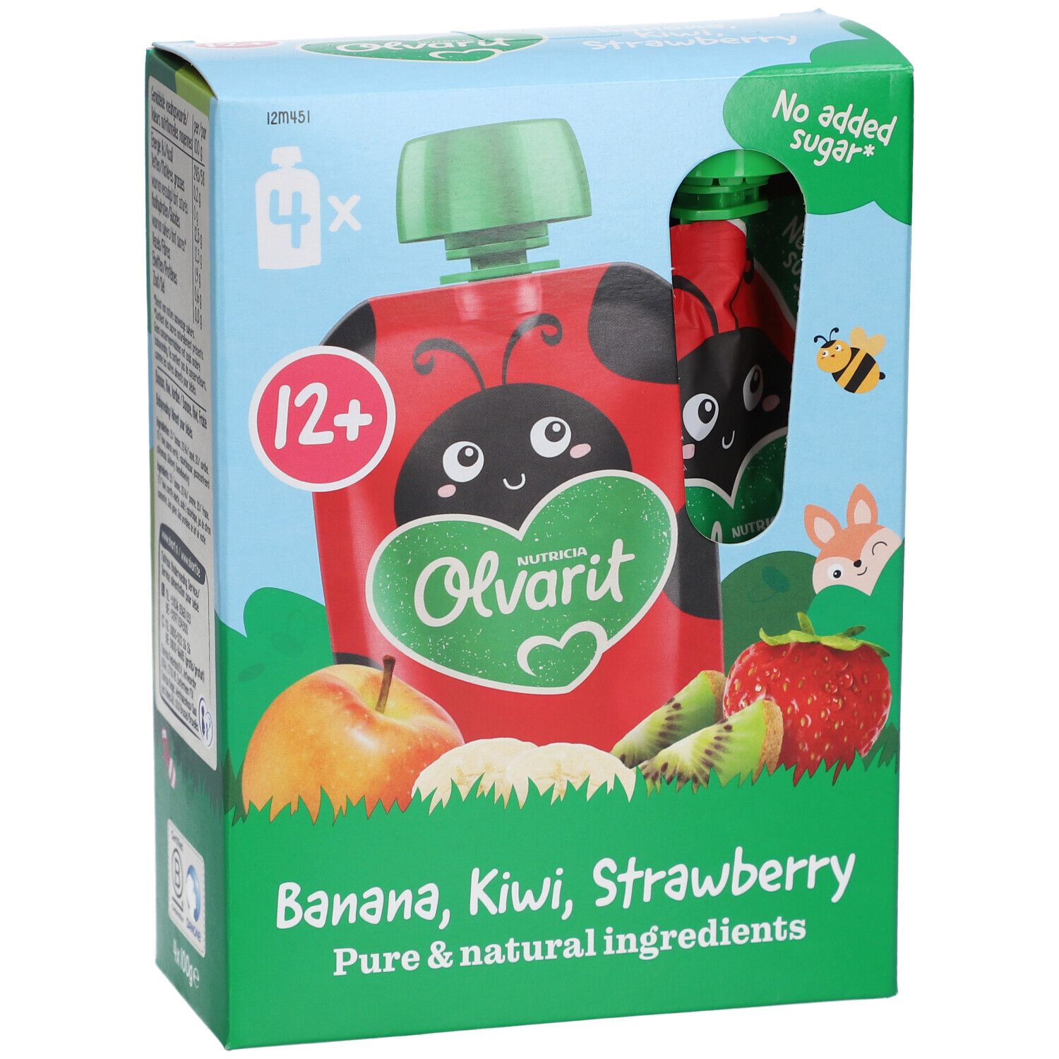 Packung mit 4 Quetschbeuteln. Aufdruck: Banane, Kiwi, Erdbeere. Mit grünem Deckel. Altersempfehlung: 12+.