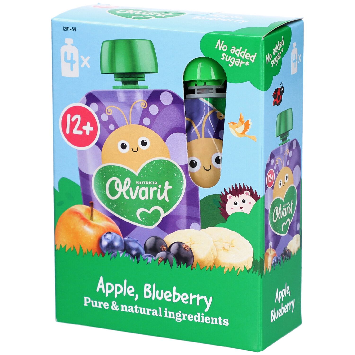 Verpackung mit Olvarit-Quetschbeutel Apfel, Blaubeere. 4 Beutel. Mit Früchten und Illustrationen.