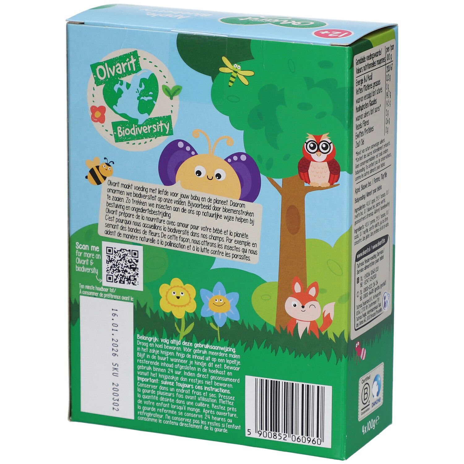 Rückseite der Olvarit-Verpackung. Illustrationen von Natur und Umwelt. Mit QR-Code.