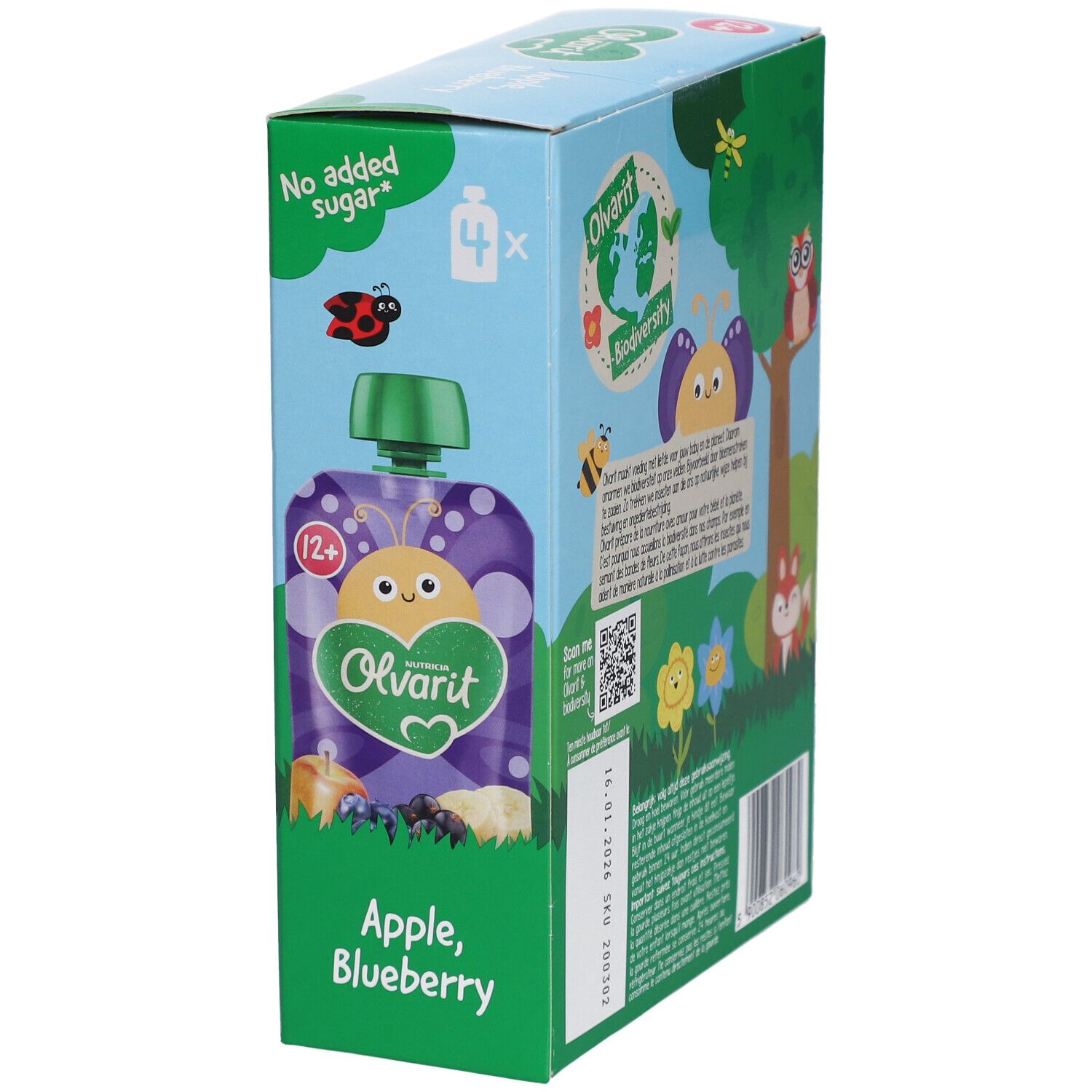 Olvarit-Verpackung, Ansicht. Quetschbeutel Apfel, Blaubeere. 4 Beutel. Mit Illustrationen und Text.
