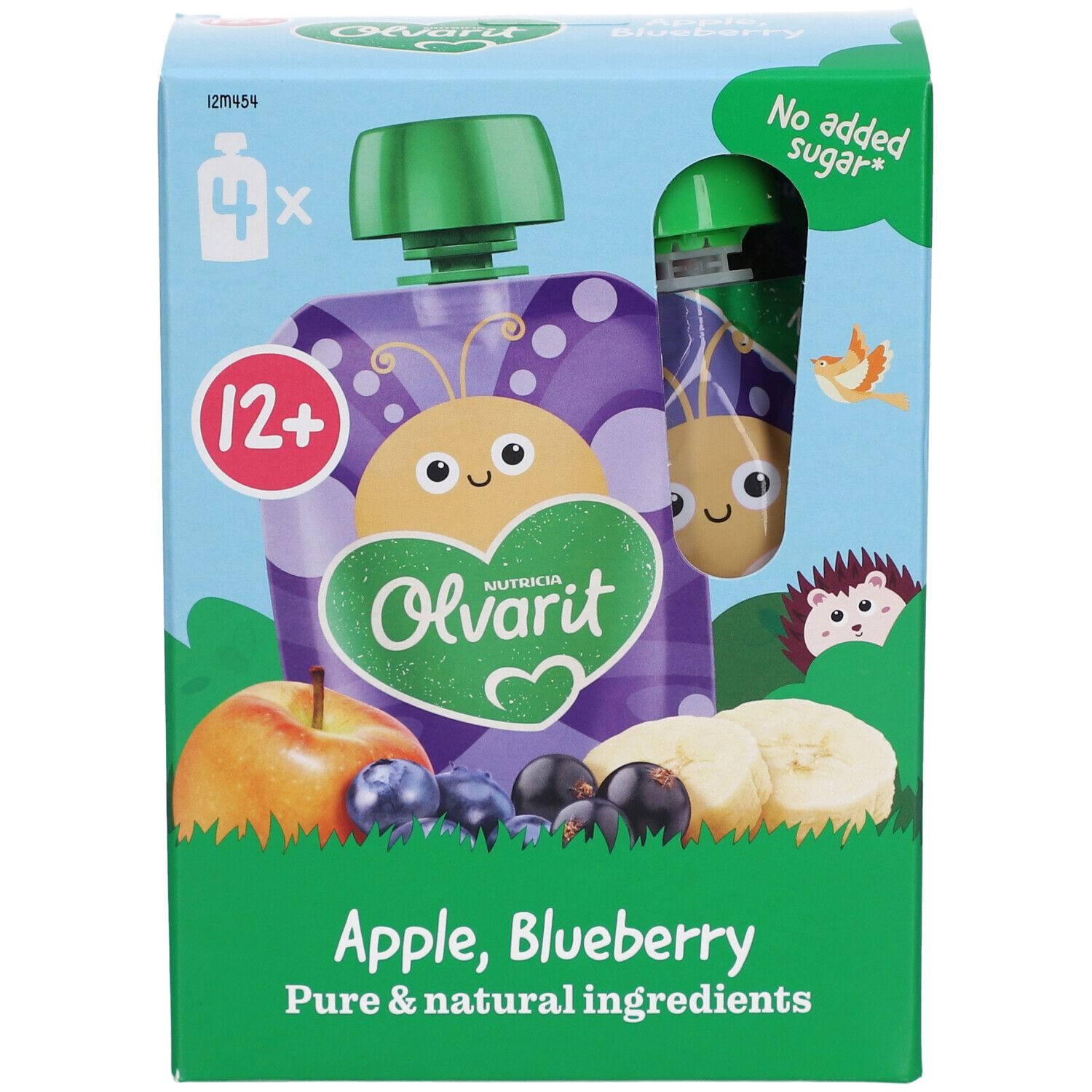 Olvarit-Verpackung. Quetschbeutel Apfel, Blaubeere. 4 Beutel. Mit Früchten und Illustrationen.
