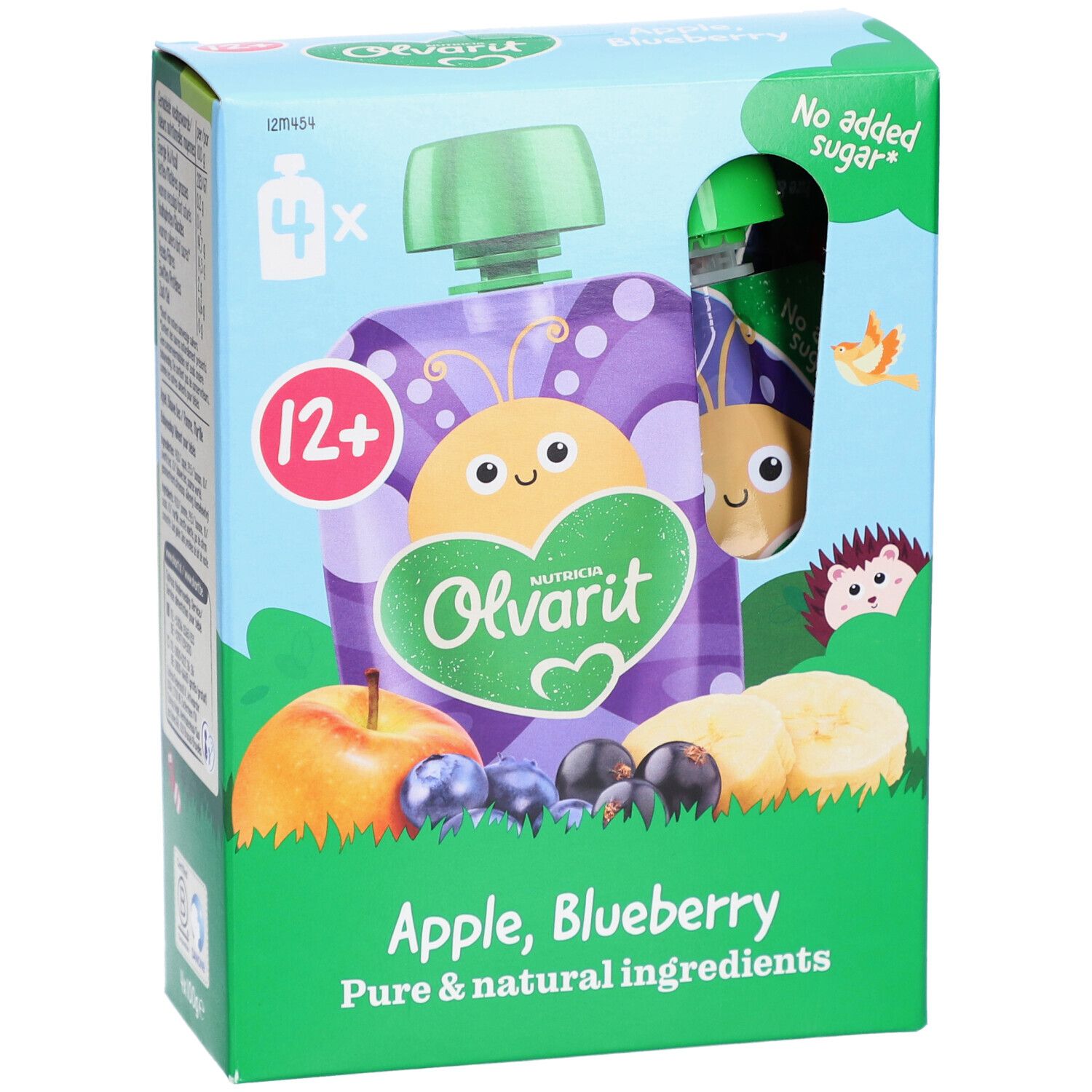 Olvarit-Verpackung. Quetschbeutel Apfel, Blaubeere. 4 Beutel. Mit Früchten und Illustrationen.