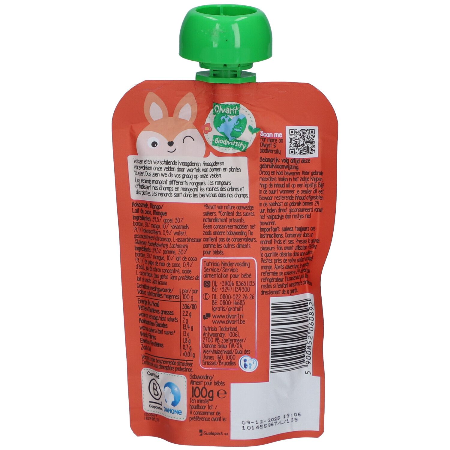 Rückseite des Olvarit Quetschbeutels. Enthält Informationen zu Inhaltsstoffen, Nährwerten und Hersteller.