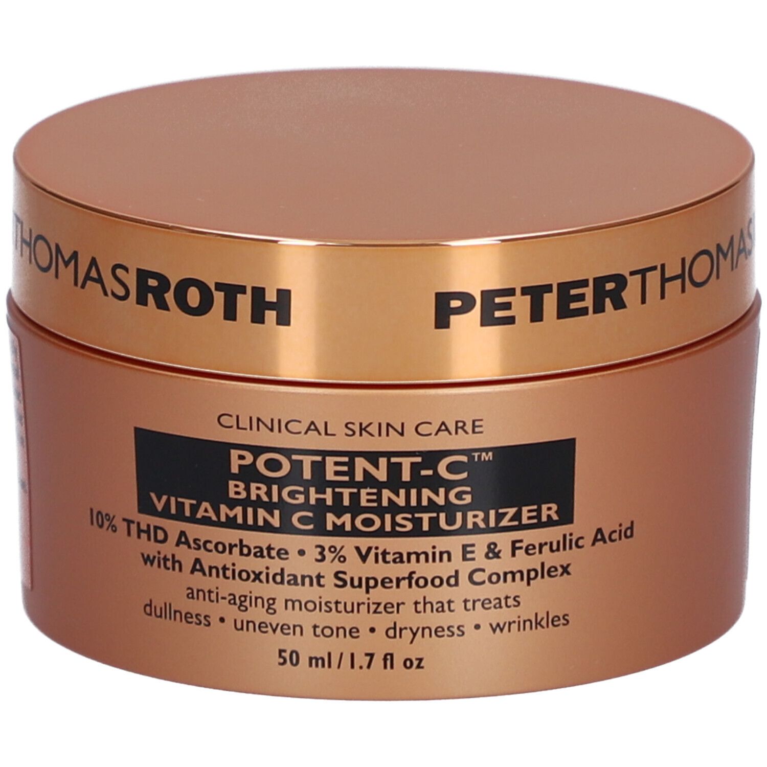 Braune Dose mit goldfarbenem Deckel. Aufschrift: POTENT-C, Vitamin C Moisturizer. 50 ml/1.7 fl oz.