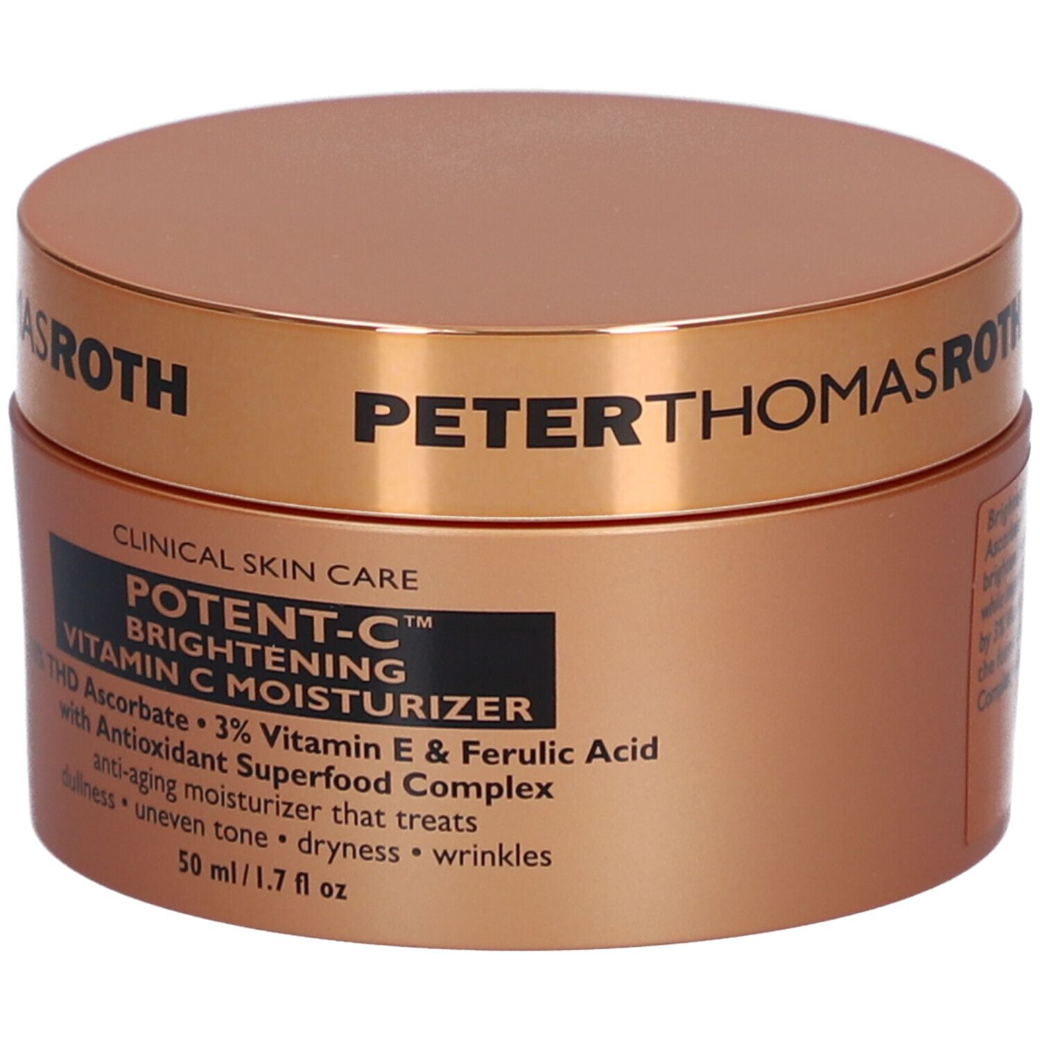 Braune Dose mit goldfarbenem Deckel. Aufschrift: POTENT-C, Vitamin C Moisturizer. 50 ml/1.7 fl oz.
