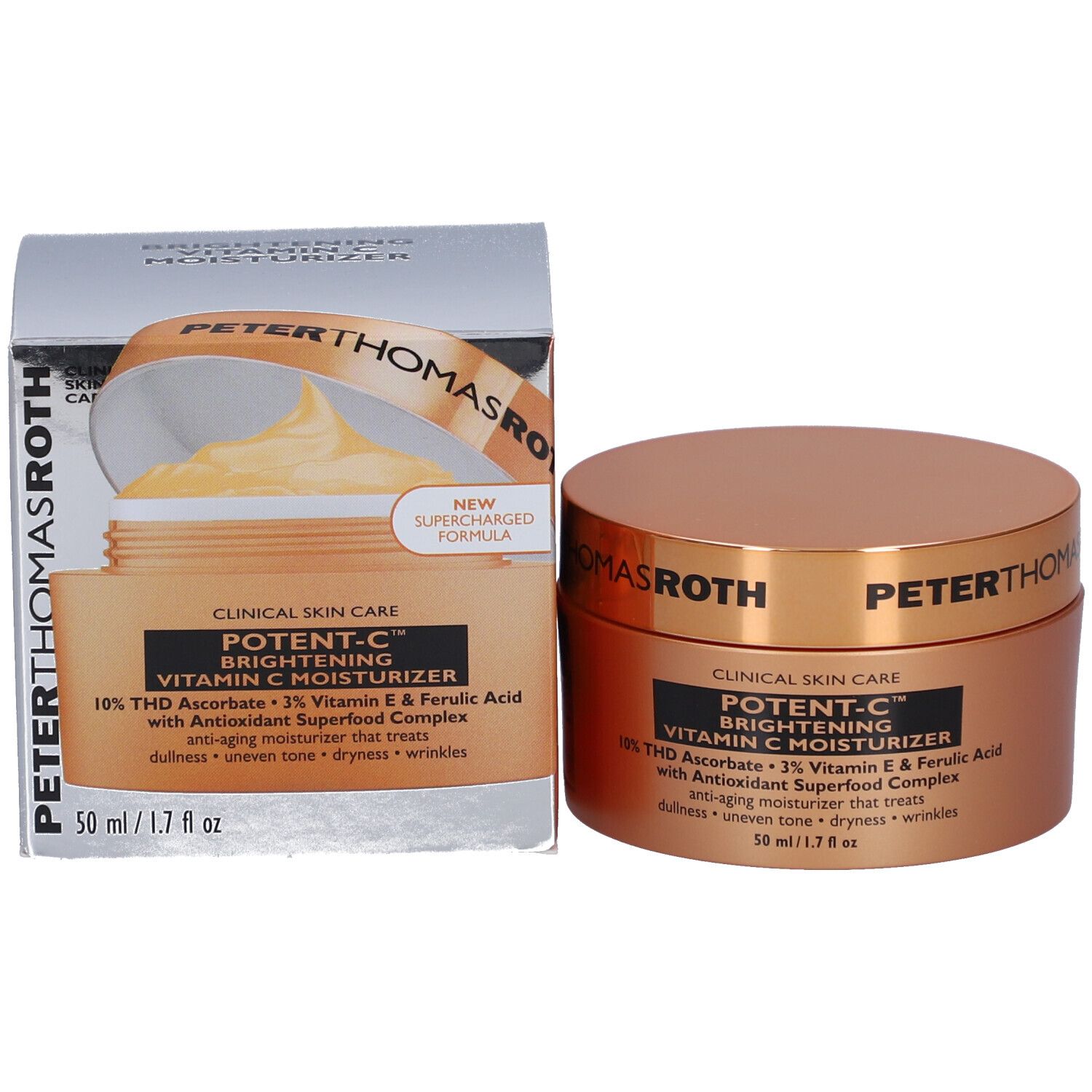 Produktverpackung mit Dose und Schachtel. Aufschrift: POTENT-C, Vitamin C Moisturizer. 50 ml/1.7 fl oz.