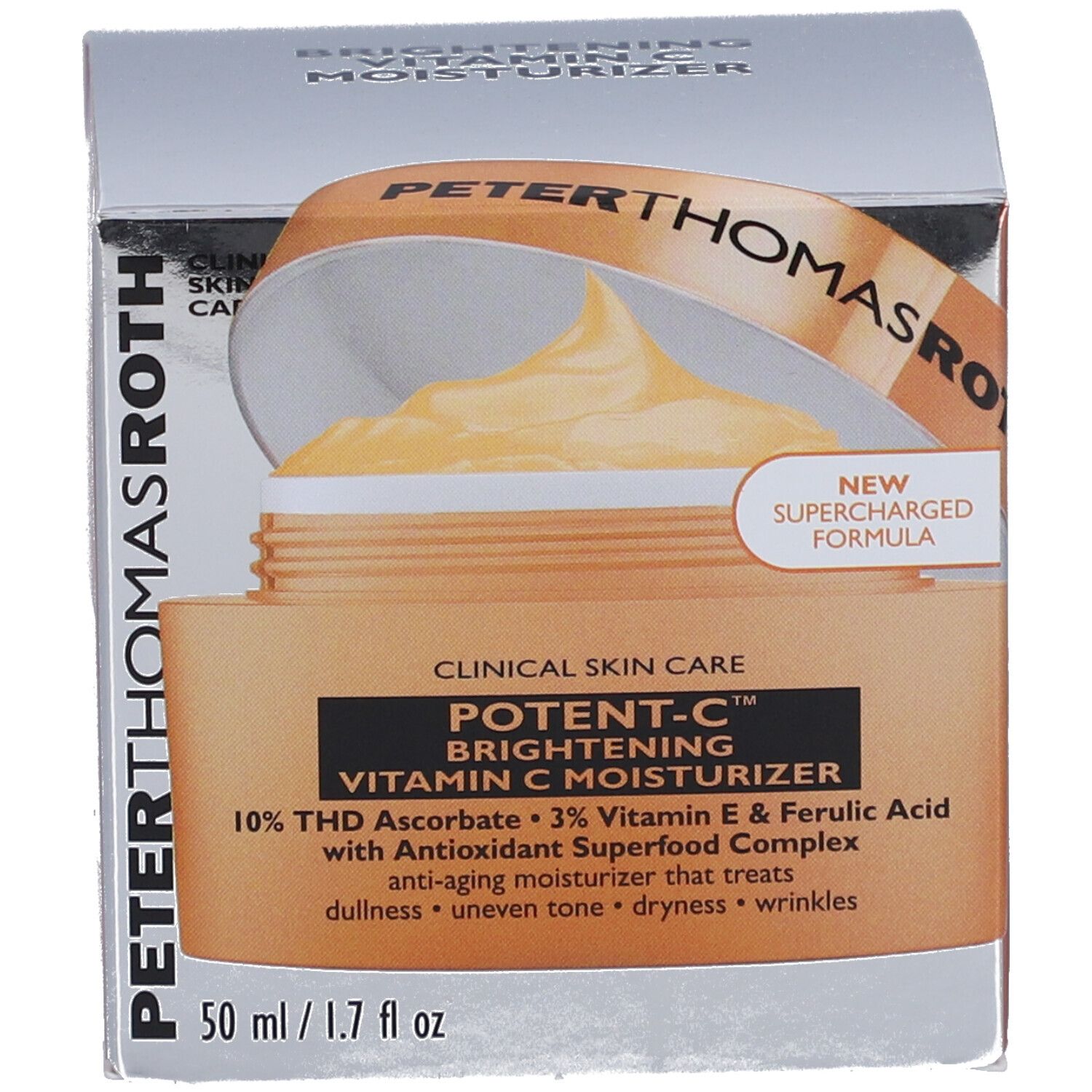 Produktverpackung mit Dose und Schachtel. Aufschrift: POTENT-C, Vitamin C Moisturizer. 50 ml/1.7 fl oz.