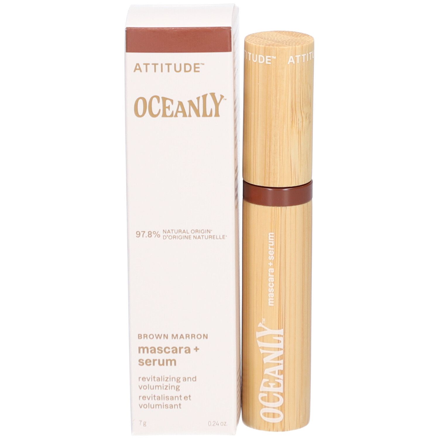 Mascara-Serum mit Verpackung. ATTITUDE, OCEANLY, 97,8% natürliche Herkunft, Marron.