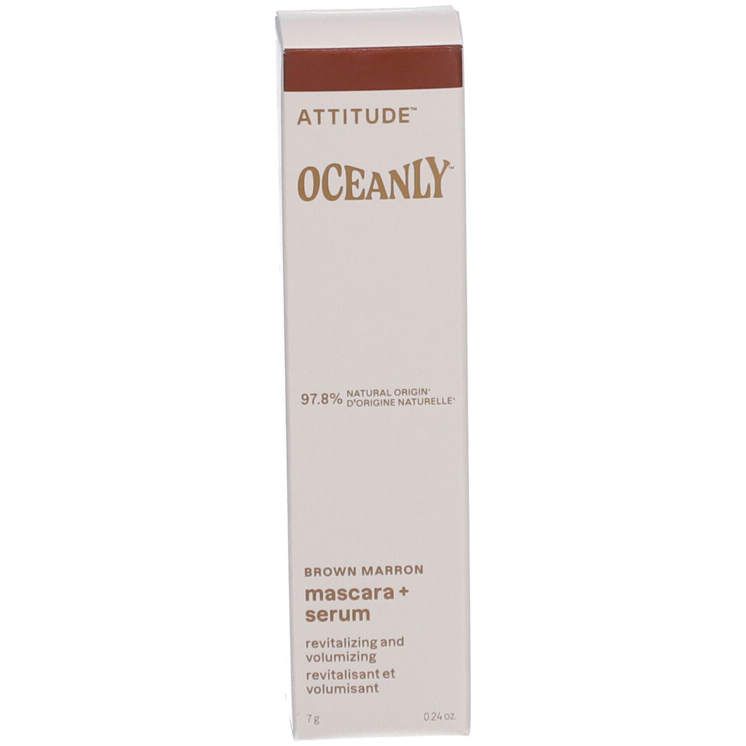 Verpackung für Mascara-Serum. ATTITUDE, OCEANLY, 97,8% natürliche Herkunft, Marron.