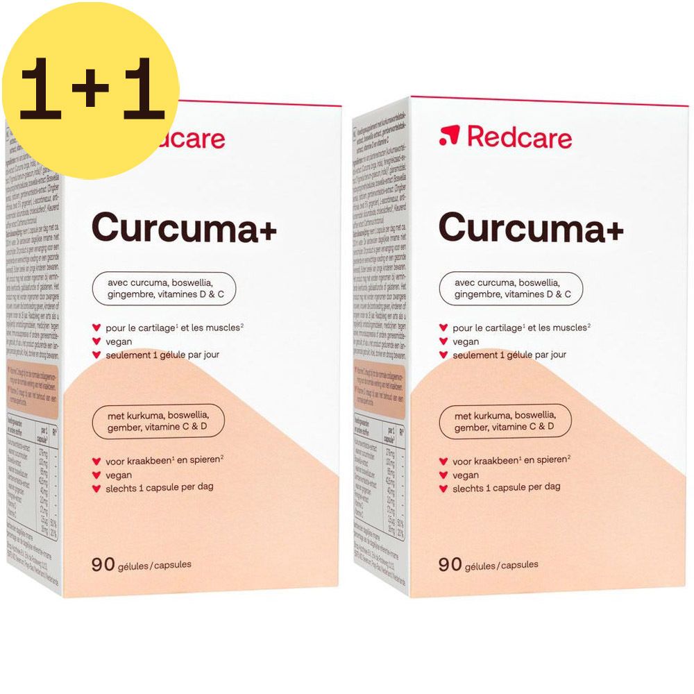 Deux boîtes Redcare Curcuma+ avec texte rouge. Inscription : Curcuma+, 90 gélules. Contient curcuma, gingembre, vitamines C & D.