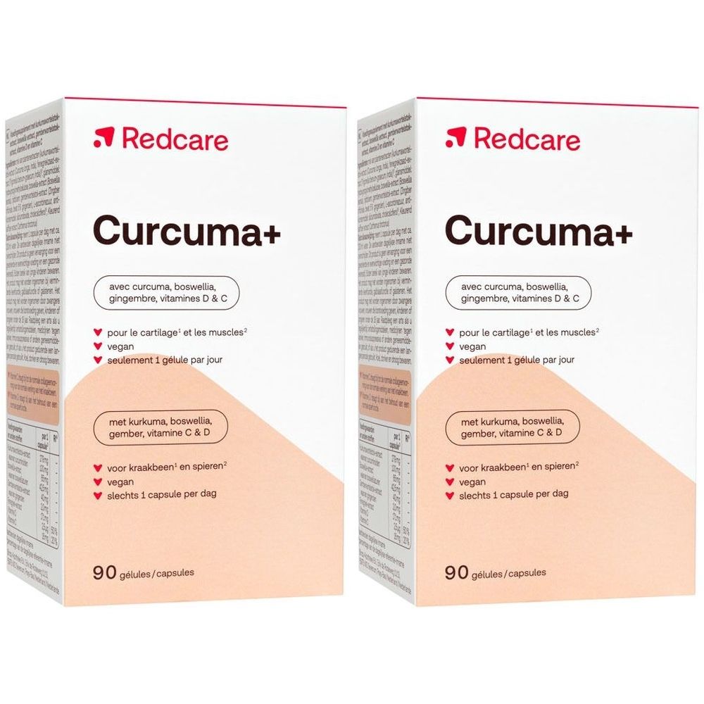 Deux boîtes Redcare Curcuma+ avec texte rouge. Inscription : Curcuma+, 90 gélules. Contient curcuma, gingembre, vitamines C & D.