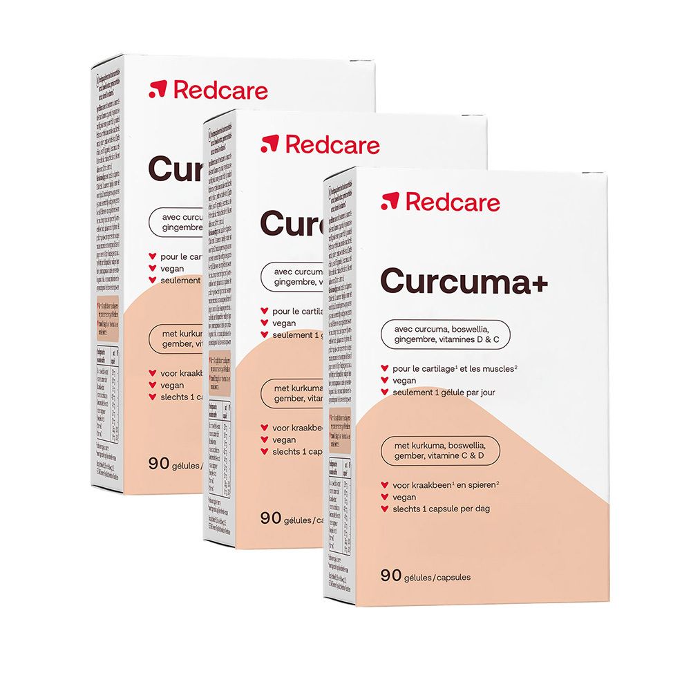 Trois boîtes de Redcare Curcuma+ en perspective. Inscription : Curcuma+, 90 gélules, avec gingembre, boswellia, vitamines C & D.