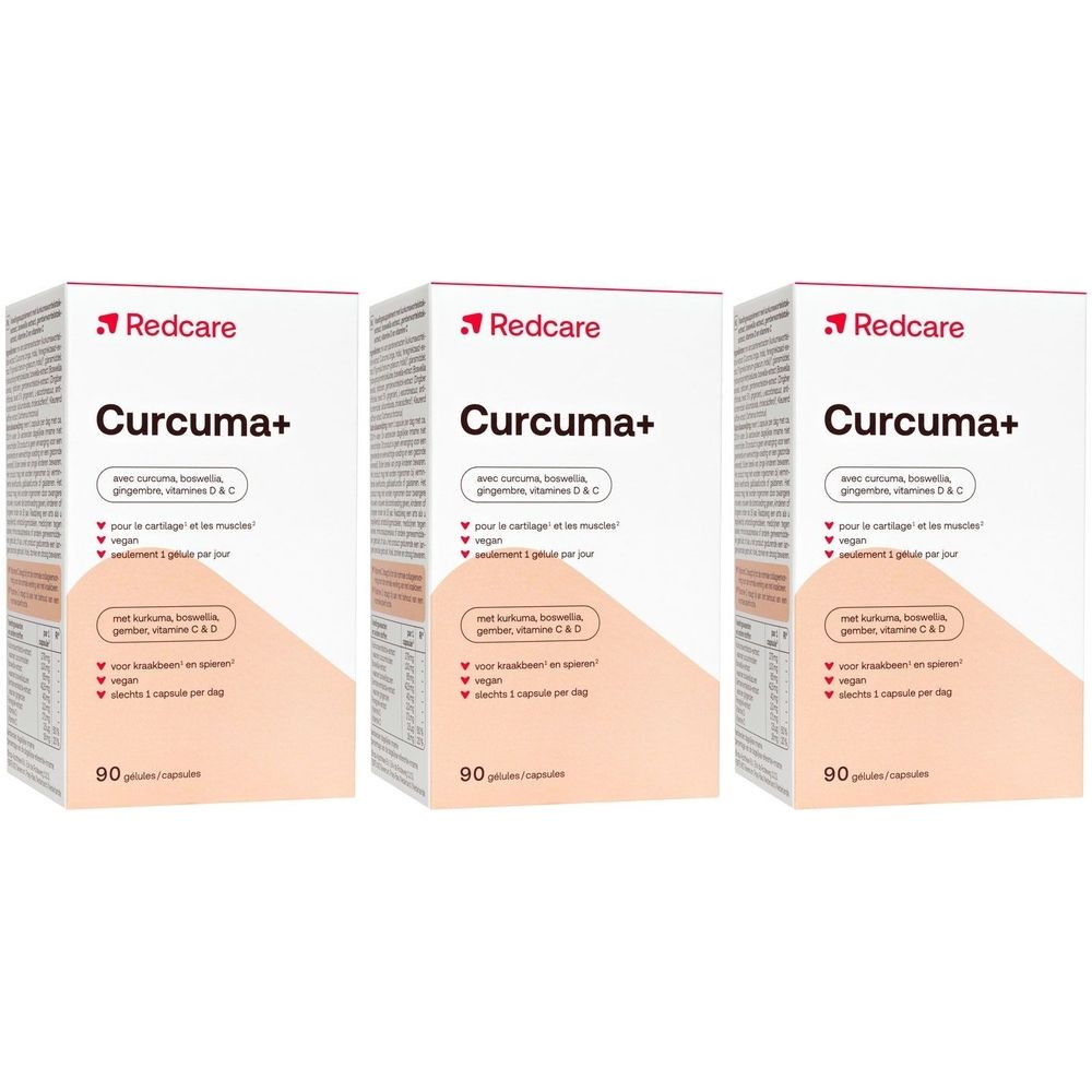 Drei Schachteln Redcare Curcuma+ nebeneinander. Aufdruck: Curcuma+, 90 Kapseln, mit Ingwer, Boswellia, Vitamin C & D.