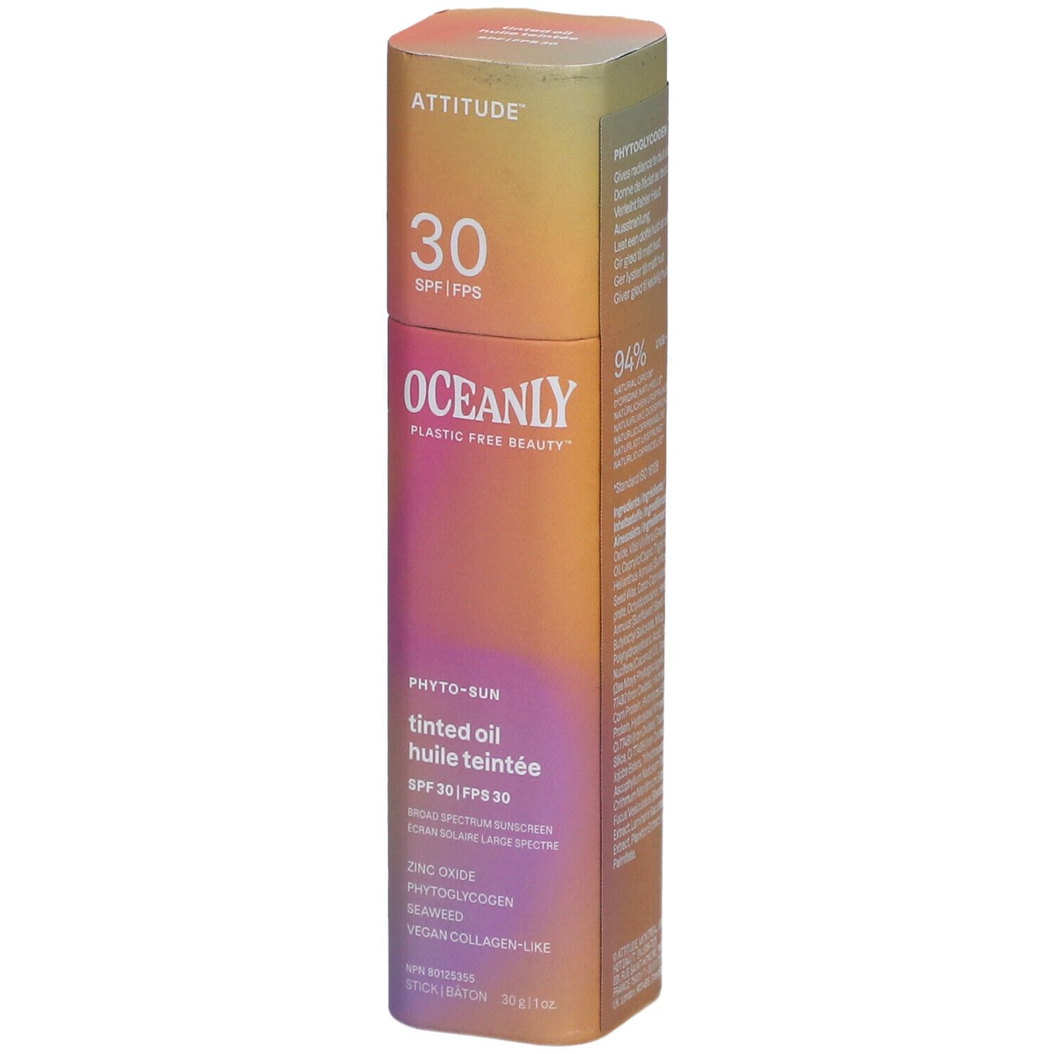 Emballage cylindrique. ATTITUDE, 30 SPF. OCEANLY, Phyto-Sun, huile teintée, SPF 30. Ingrédients et informations.