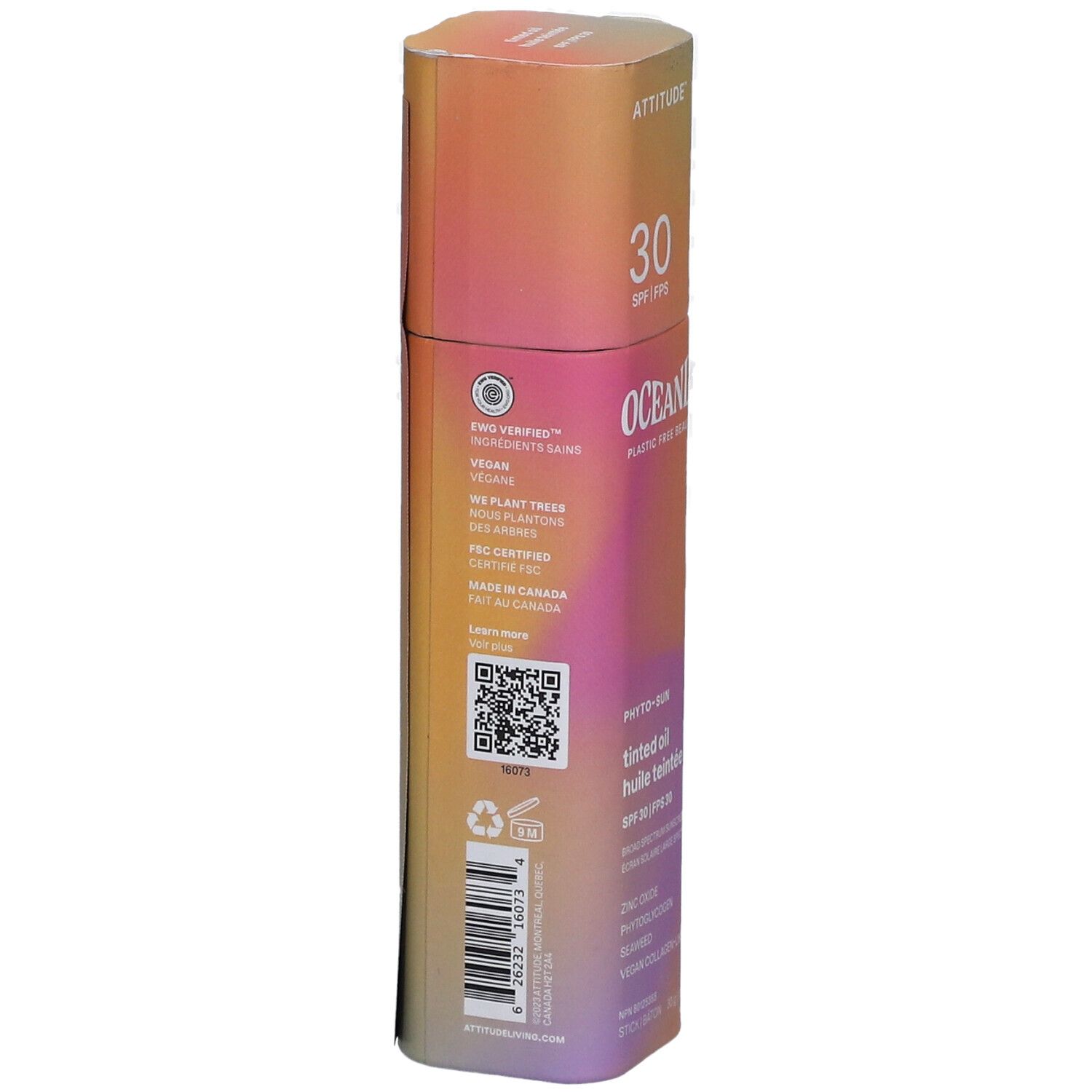 Dos de l'emballage. Logo, code QR, ingrédients, vegan, Fabriqué au Canada. Dégradé de couleurs orange et rose.
