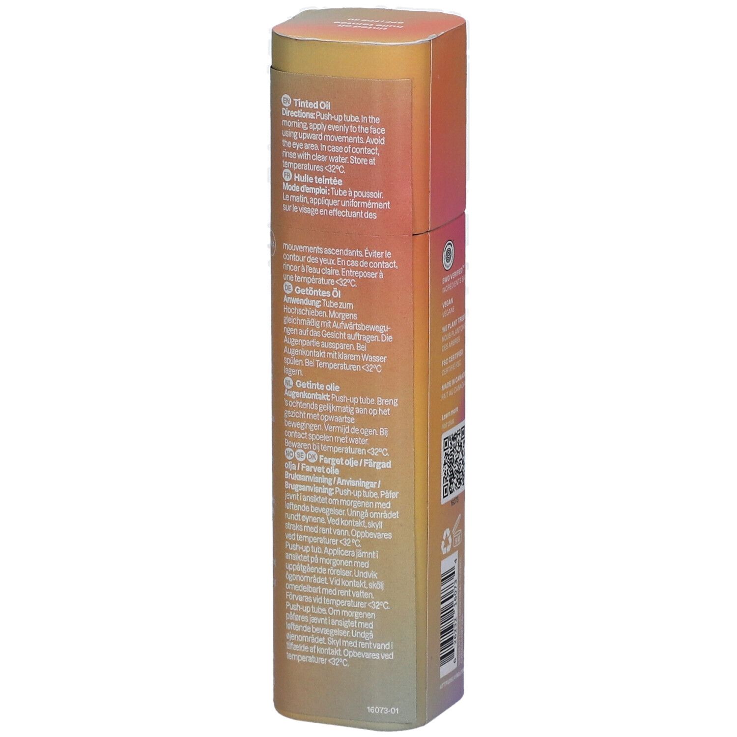 Emballage avec texte. Instructions d'utilisation, avertissements, ingrédients. Dégradé de couleurs orange et rose.