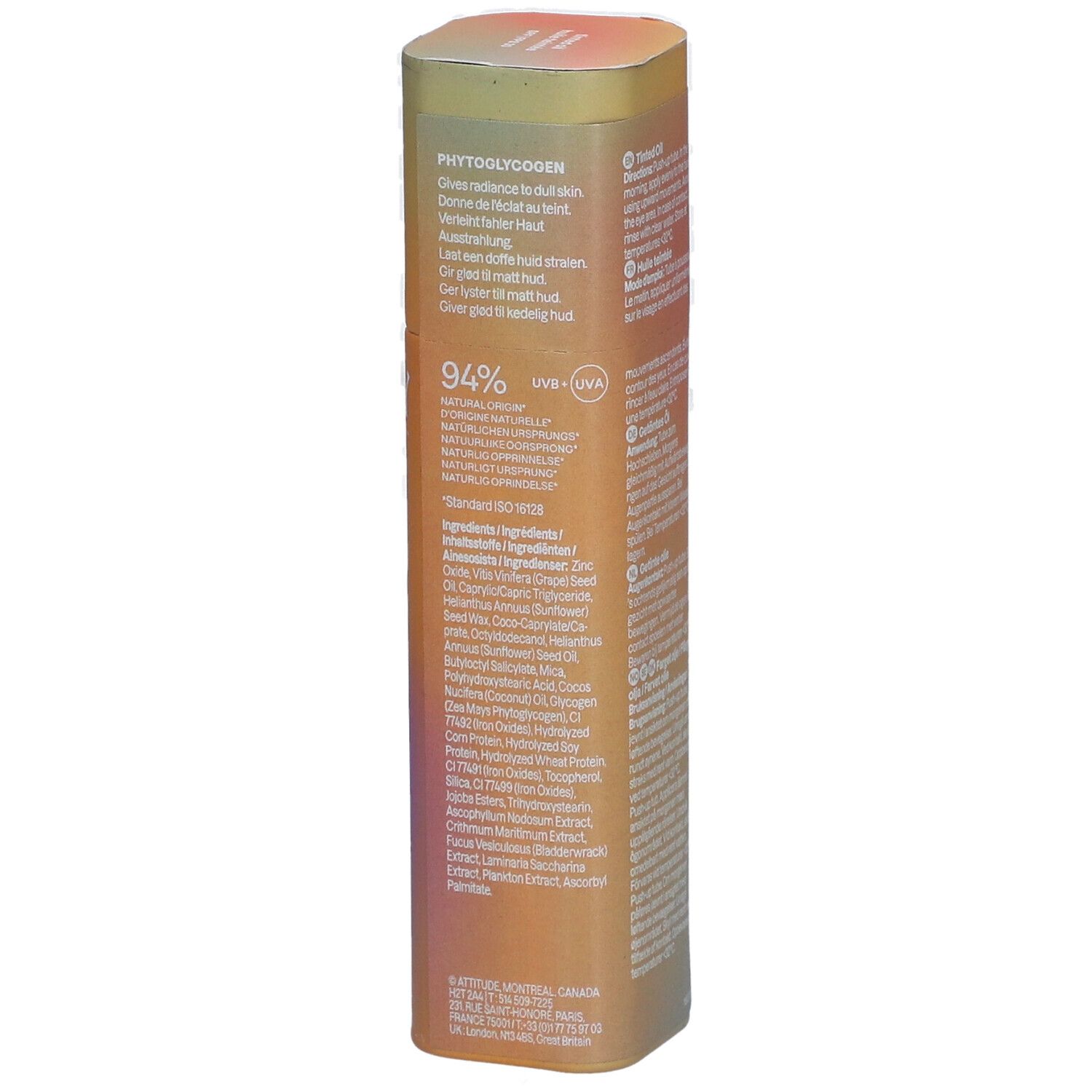 Emballage avec ingrédients. 94% d'ingrédients d'origine naturelle. Protection UV. Dégradé de couleurs orange et rose.