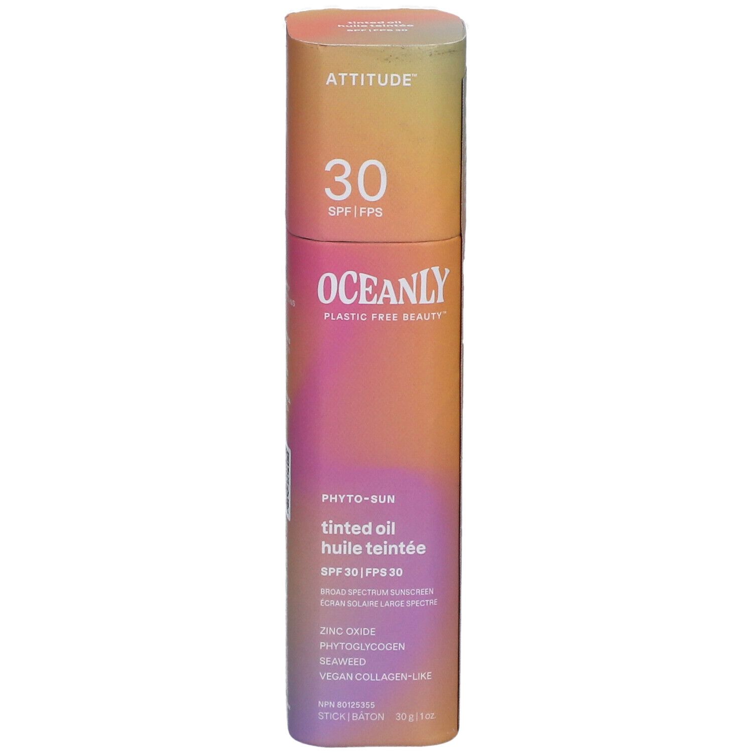 Emballage cylindrique. ATTITUDE, 30 SPF. OCEANLY, Phyto-Sun, huile teintée, SPF 30. Ingrédients et détails.