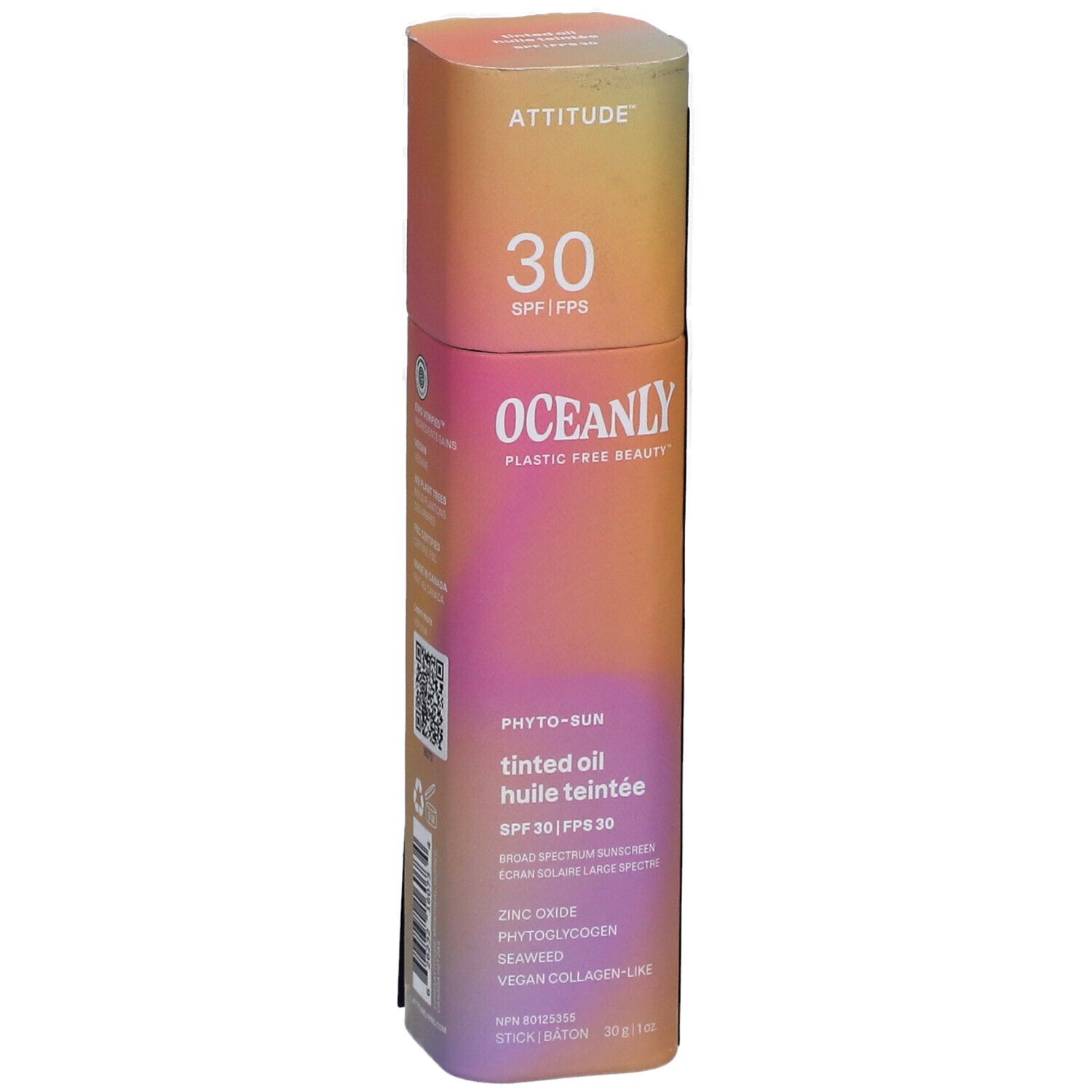 Emballage cylindrique. ATTITUDE, 30 SPF. OCEANLY, Phyto-Sun, huile teintée, SPF 30. Ingrédients et détails.
