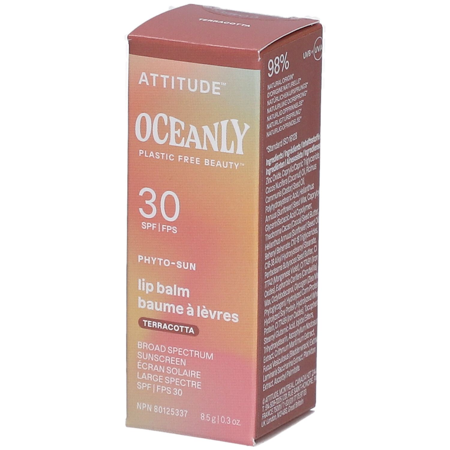 Verpackung von Attitude Oceanly Phyto Sun Lippenbalsam. Farbverlauf von Rosa nach Orange. Text: 30 SPF, Terracotta.