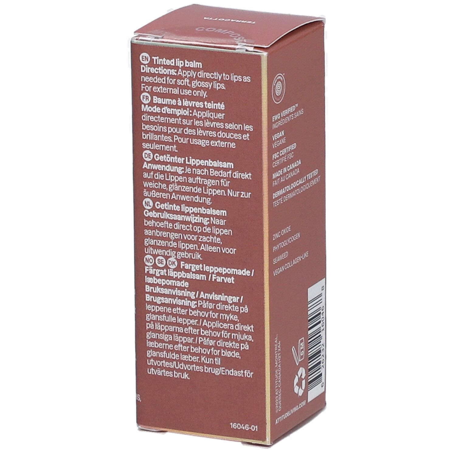 Seite der Verpackung von Attitude Oceanly Phyto Sun Lippenbalsam. Text: Getönter Lippenbalsam, Anwendungshinweise.