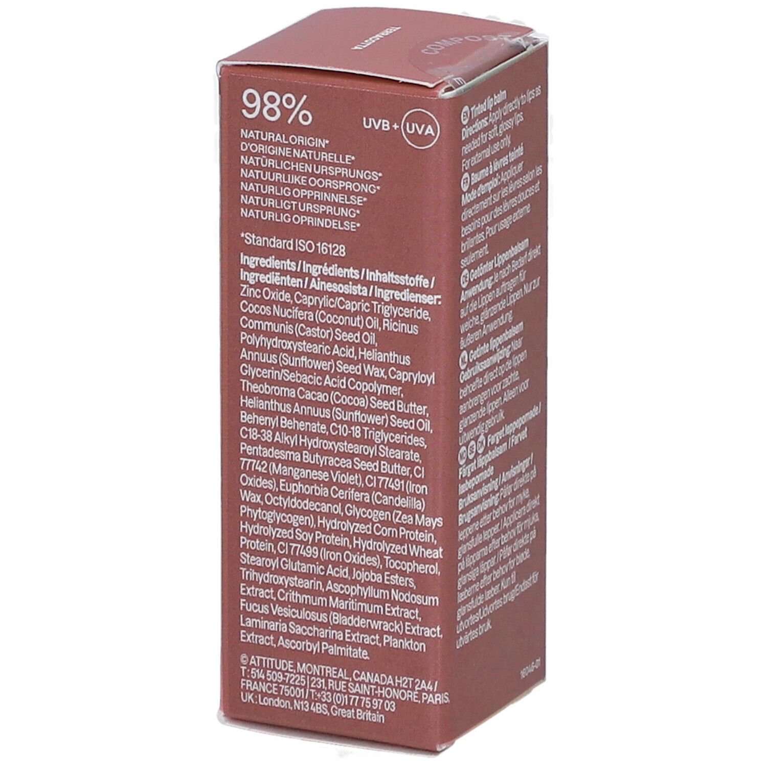 Oberseite der Verpackung von Attitude Oceanly Phyto Sun Lippenbalsam. Text: 98% natürliche Inhaltsstoffe, Inhaltsstoffe.