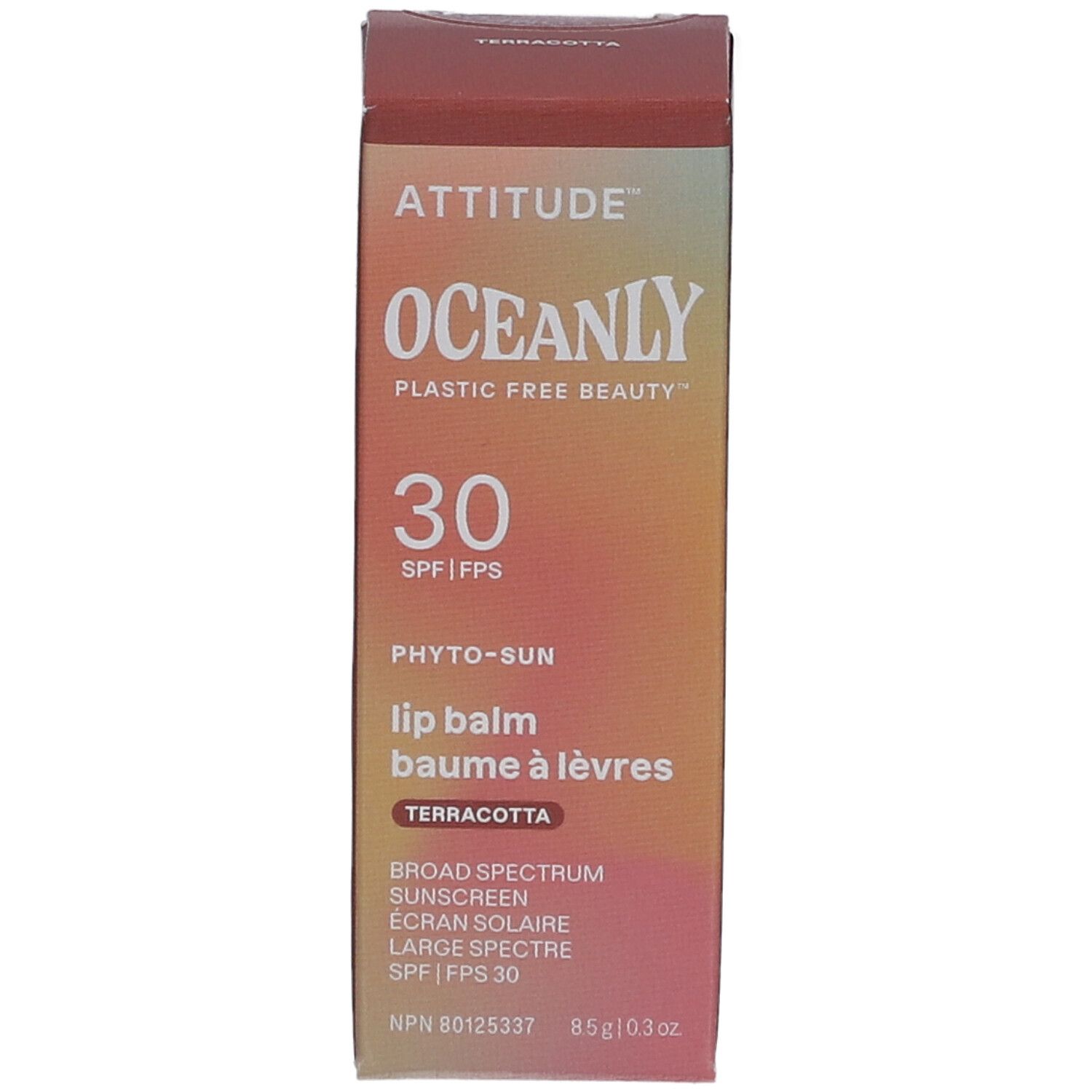 Verpackung von Attitude Oceanly Phyto Sun Lippenbalsam. Farbverlauf von Rosa nach Orange. Text: 30 SPF, Terracotta.