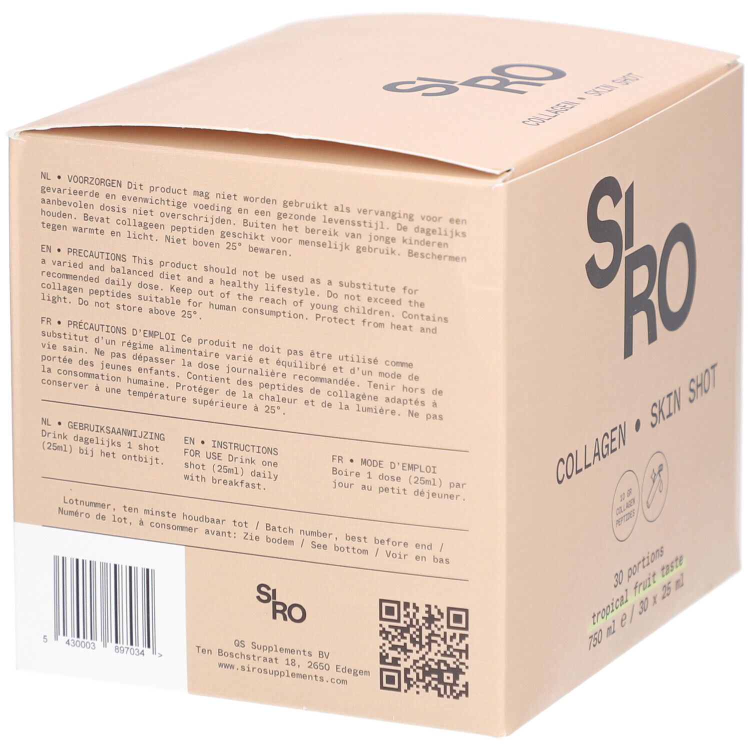 Rückseite der SiRo Collagen Skin Shot Box. Text in mehreren Sprachen. Barcode und QR-Code.