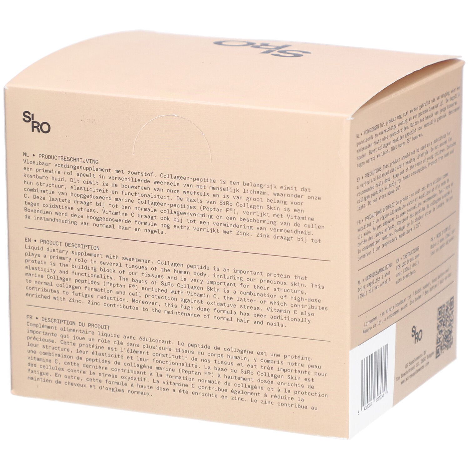 Rückseite der SiRo Collagen Skin Shot Box. Text in mehreren Sprachen. Produktbeschreibung und Inhaltsstoffe.