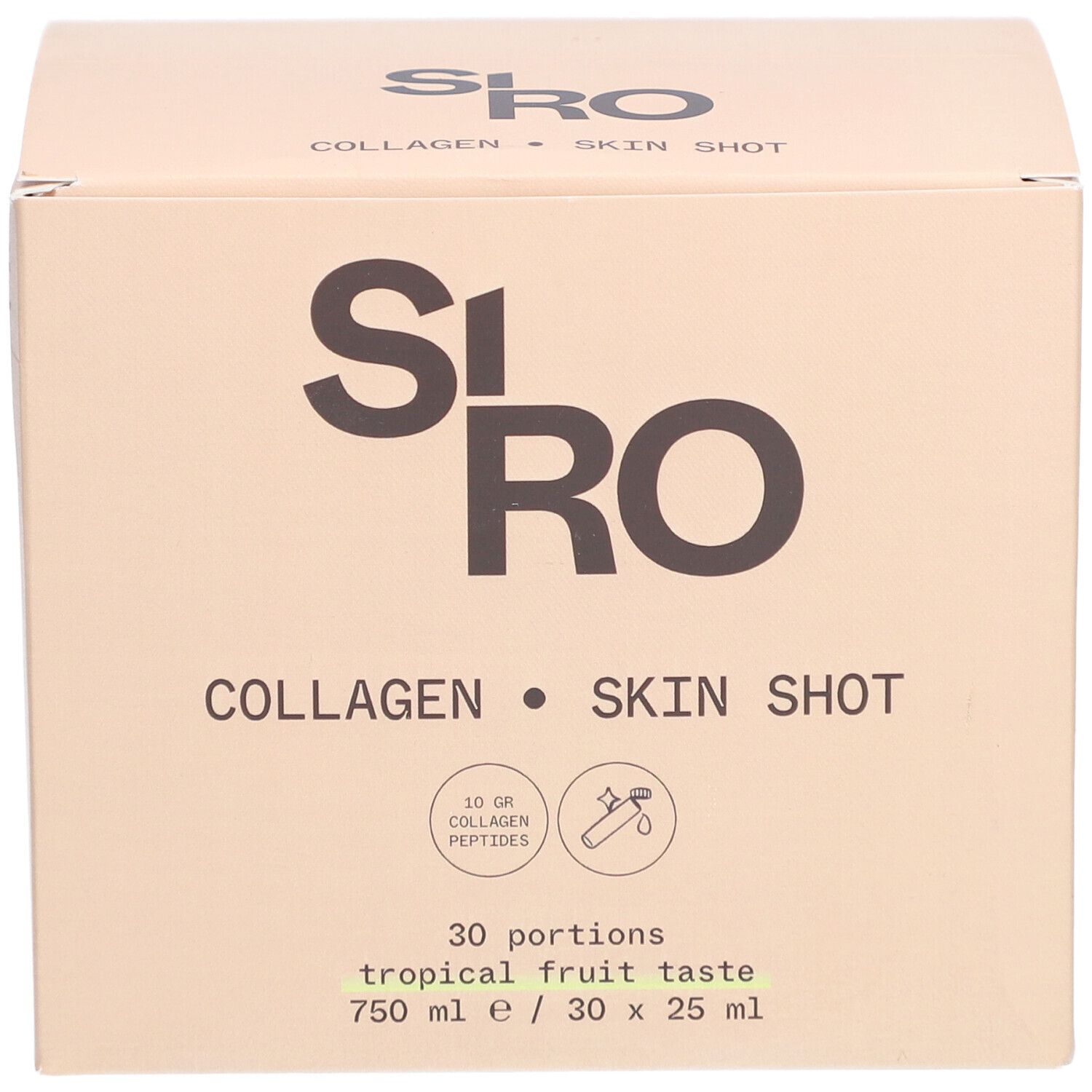 Beige Karton SiRo Collagen Skin Shot. Text: Collagen, Skin Shot, 30 Portionen, tropische Frucht. 750 ml.