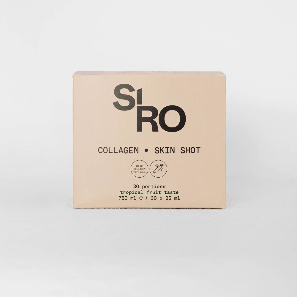 Boîte SiRo Collagen Skin Shot. Texte: Collagen, Skin Shot, 30 portions, goût fruits tropicaux. 750 ml.