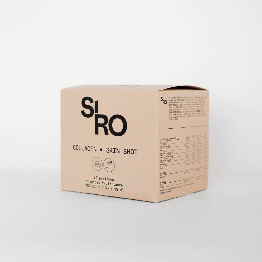 Boîte SiRo Collagen Skin Shot. Texte: Collagen, Skin Shot, 30 portions, goût fruits tropicaux. 750 ml.