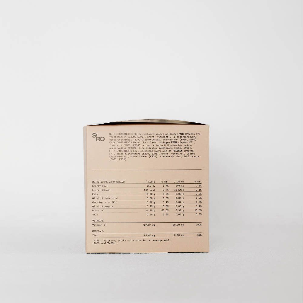 Dos de la boîte SiRo Collagen Skin Shot. Texte multilingue. Description du produit et ingrédients.