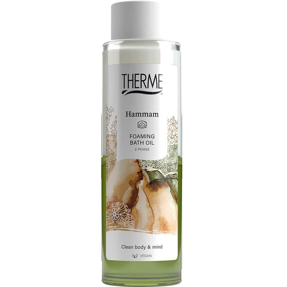 Therme Hammam Huile de bain moussante. Bouteille avec bouchon blanc. Liquide verdâtre. Inscription: Hammam, Foaming Bath Oil, 2-Phase.