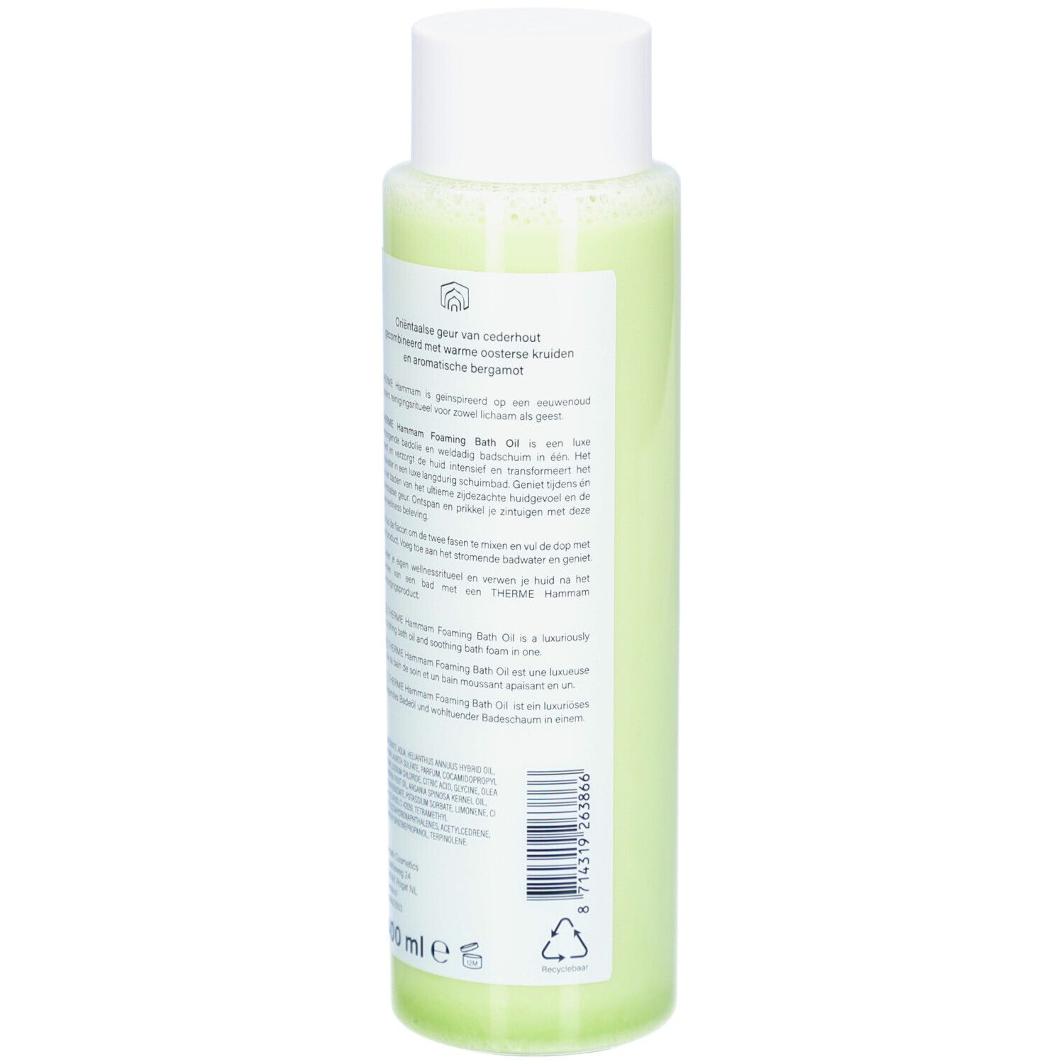 Therme Hammam Foaming Bath Oil. Flasche mit weißem Deckel. Grünliche Flüssigkeit. Text in mehreren Sprachen auf der Rückseite.