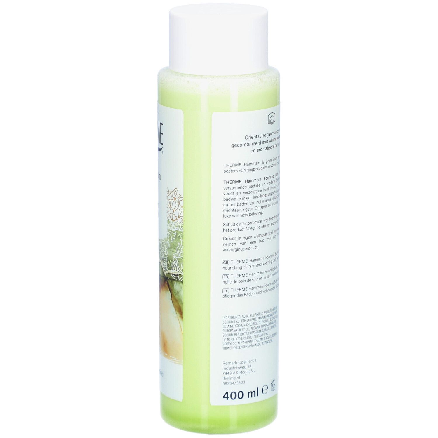 Therme Hammam Foaming Bath Oil. Flasche mit weißem Deckel. Grünliche Flüssigkeit. Text in mehreren Sprachen auf der Rückseite. 400 ml.