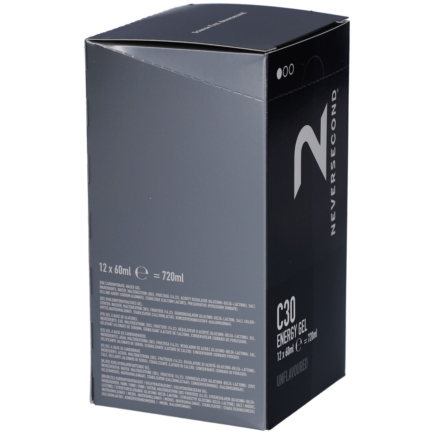 Boîte noire avec logo et texte blancs. Contient 'NEVERSECOND', 'C30 ENERGY GEL', 'UNFLAVOURED'.