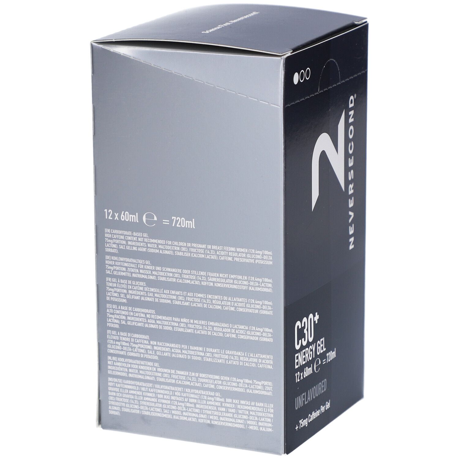 Karton mit NEVERSECOND Logo und Produktinformationen. Enthält C30+ Energy Gel, 12x60ml, unflavored, +75mg Koffein. Rückseite mit Inhaltsstoffen.