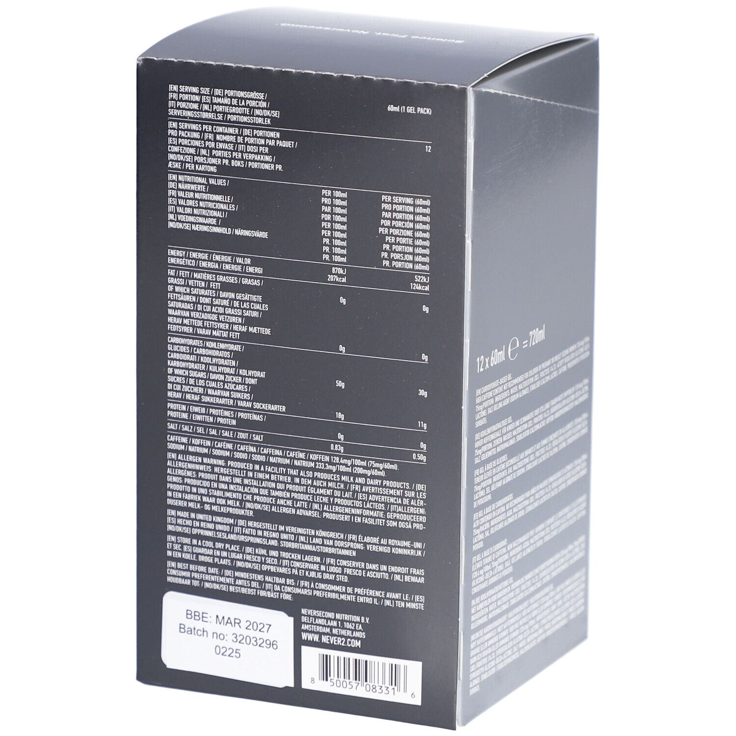 Rückseite des Kartons mit Nährwertangaben und Inhaltsstoffen. Enthält C30+ Energy Gel, 12x60ml, unflavored, +75mg Koffein. Chargennummer.