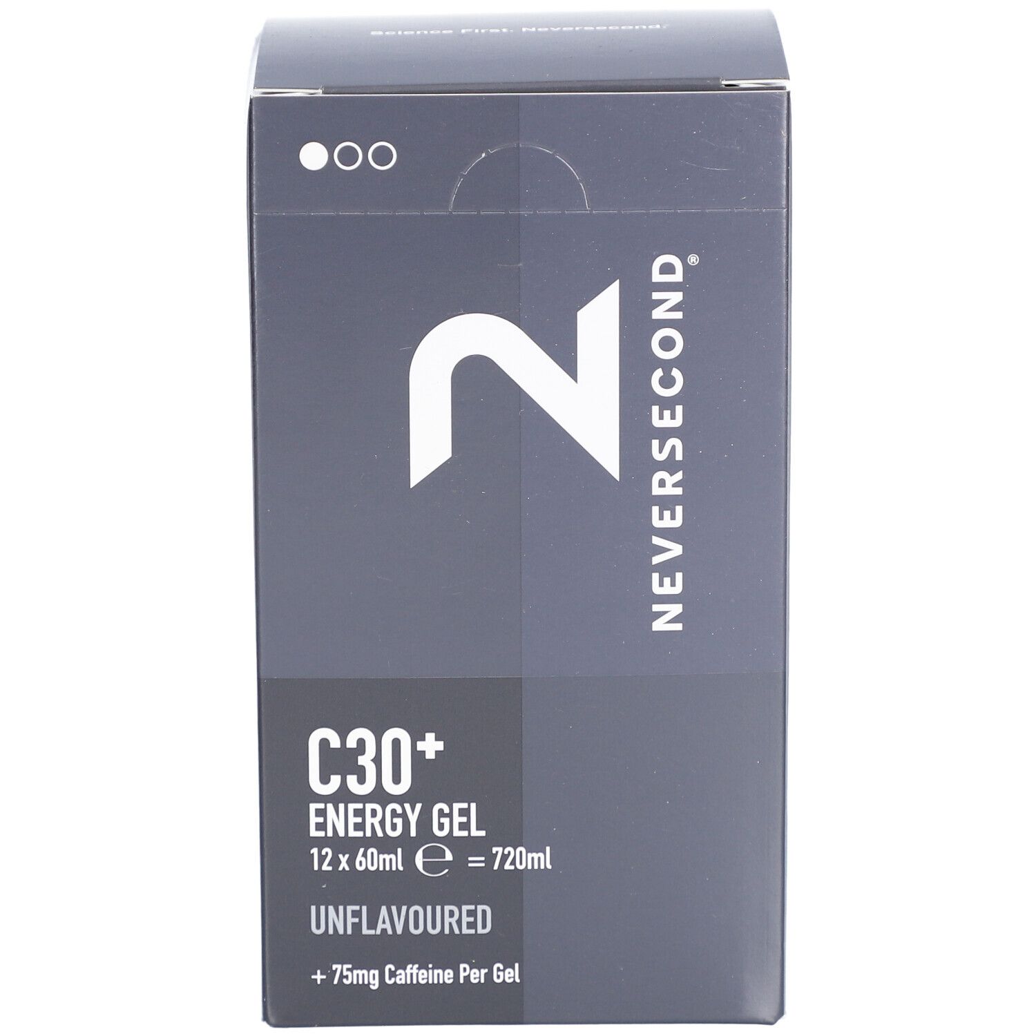 Schwarzer Karton mit weißem Logo NEVERSECOND und Produktinformationen. Enthält C30+ Energy Gel, 12x60ml, unflavored, +75mg Koffein.